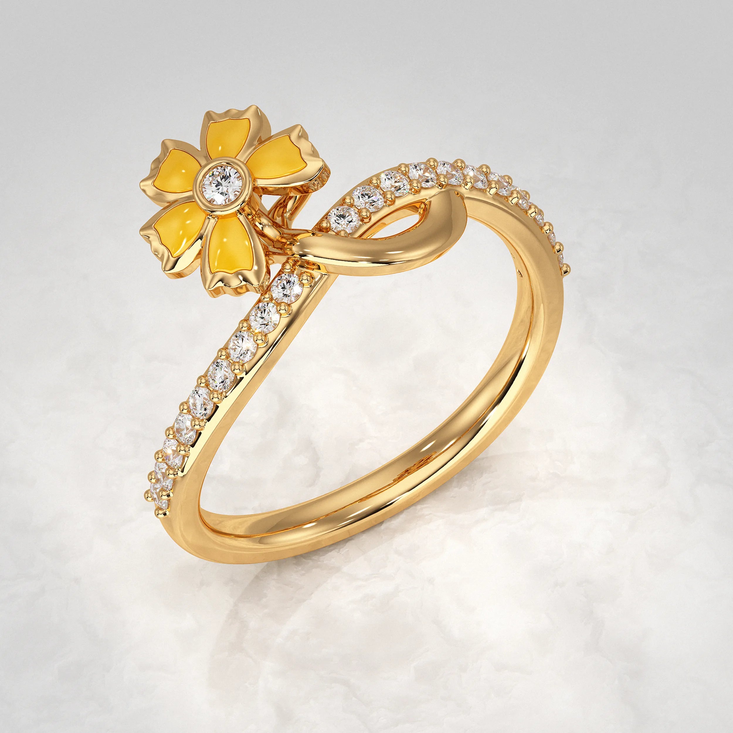 Floral Diamond Ring with Yellow Enamel Accents Rings