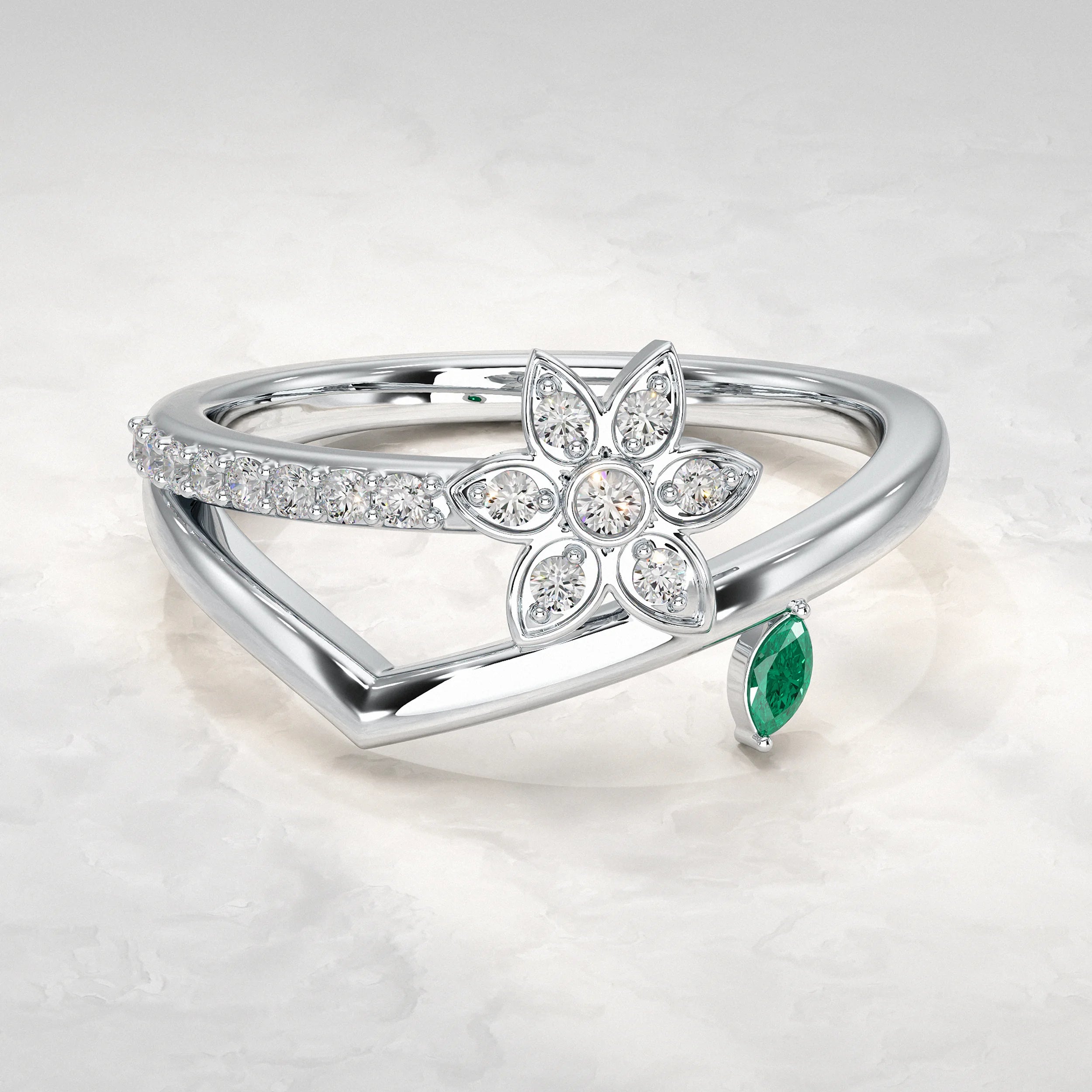 Floral Wrap Pave Ring with Green Drop Diamond Rings