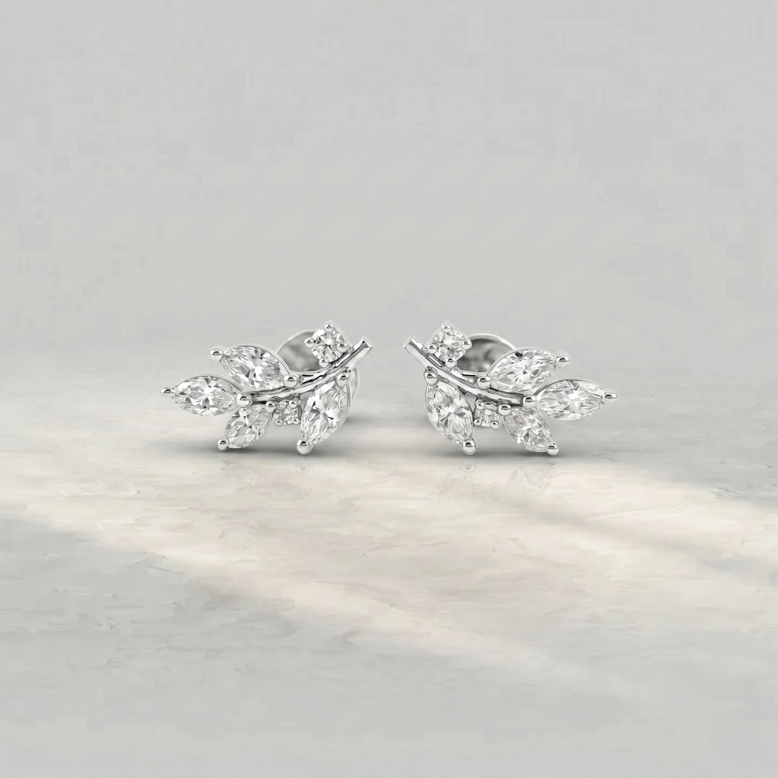 Marquise And Round Diamond Leaf Stud Earrings