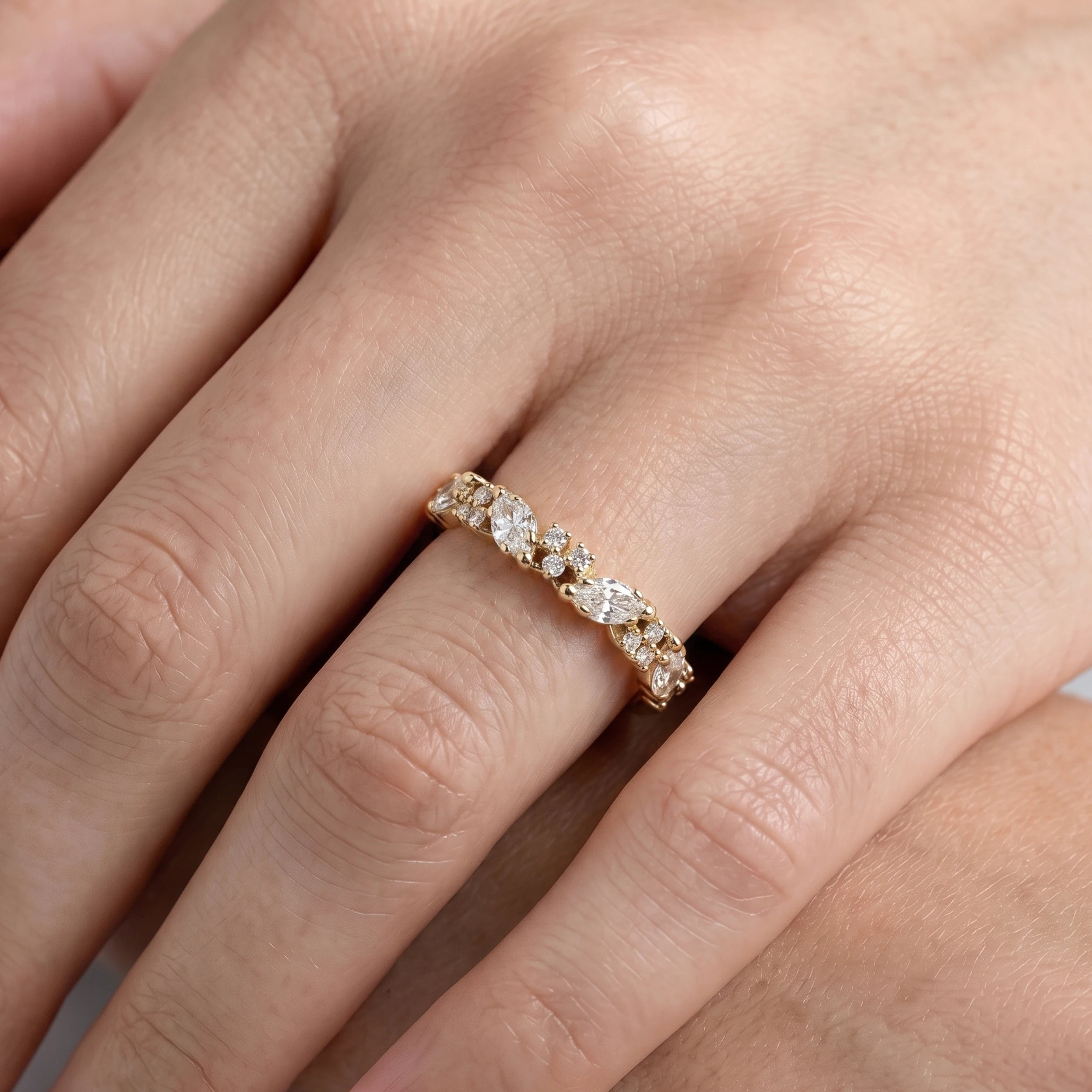 Marquise And Round Lab Diamond Half Wedding Band Rings