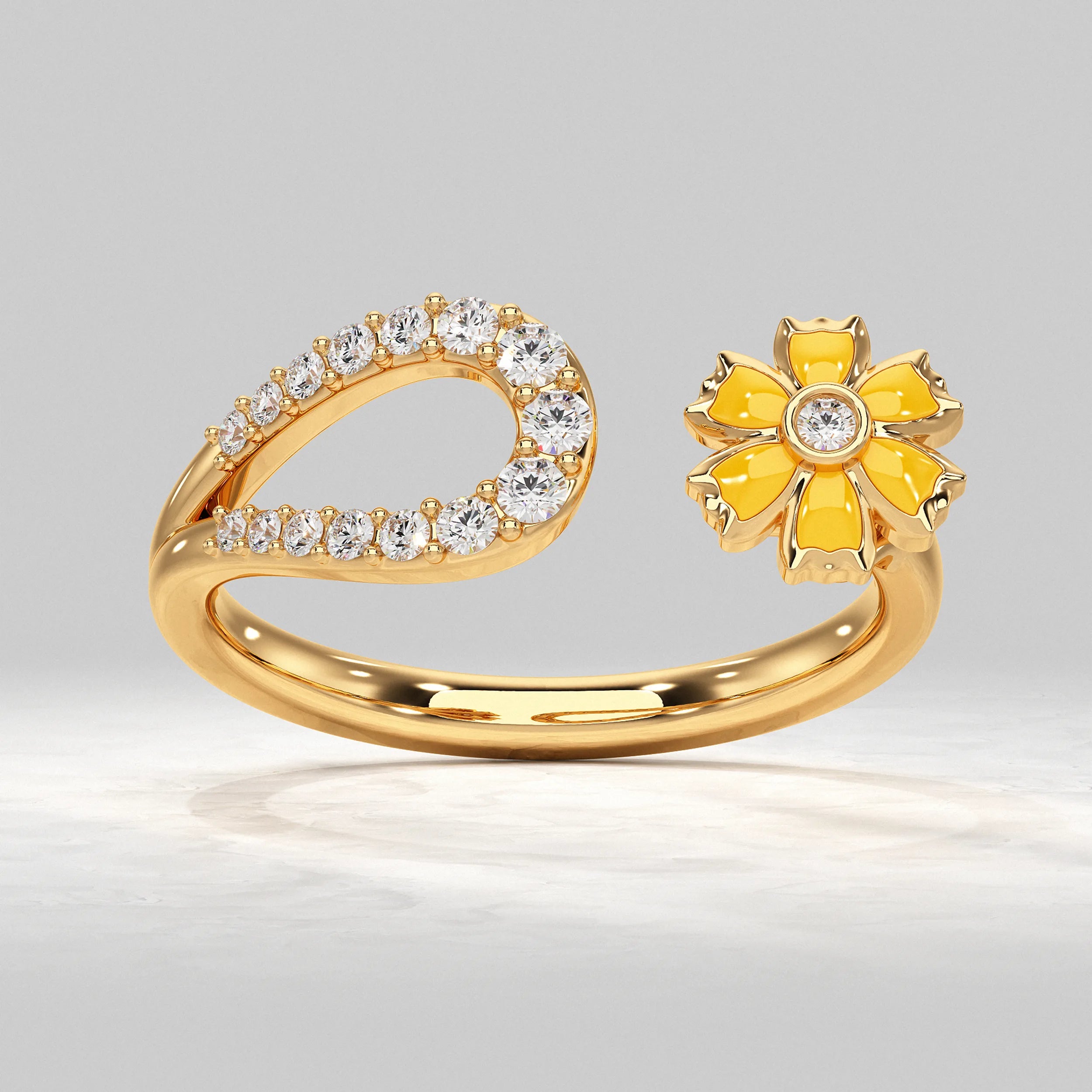 Yellow Enamel Flower Open Cuff Band Rings