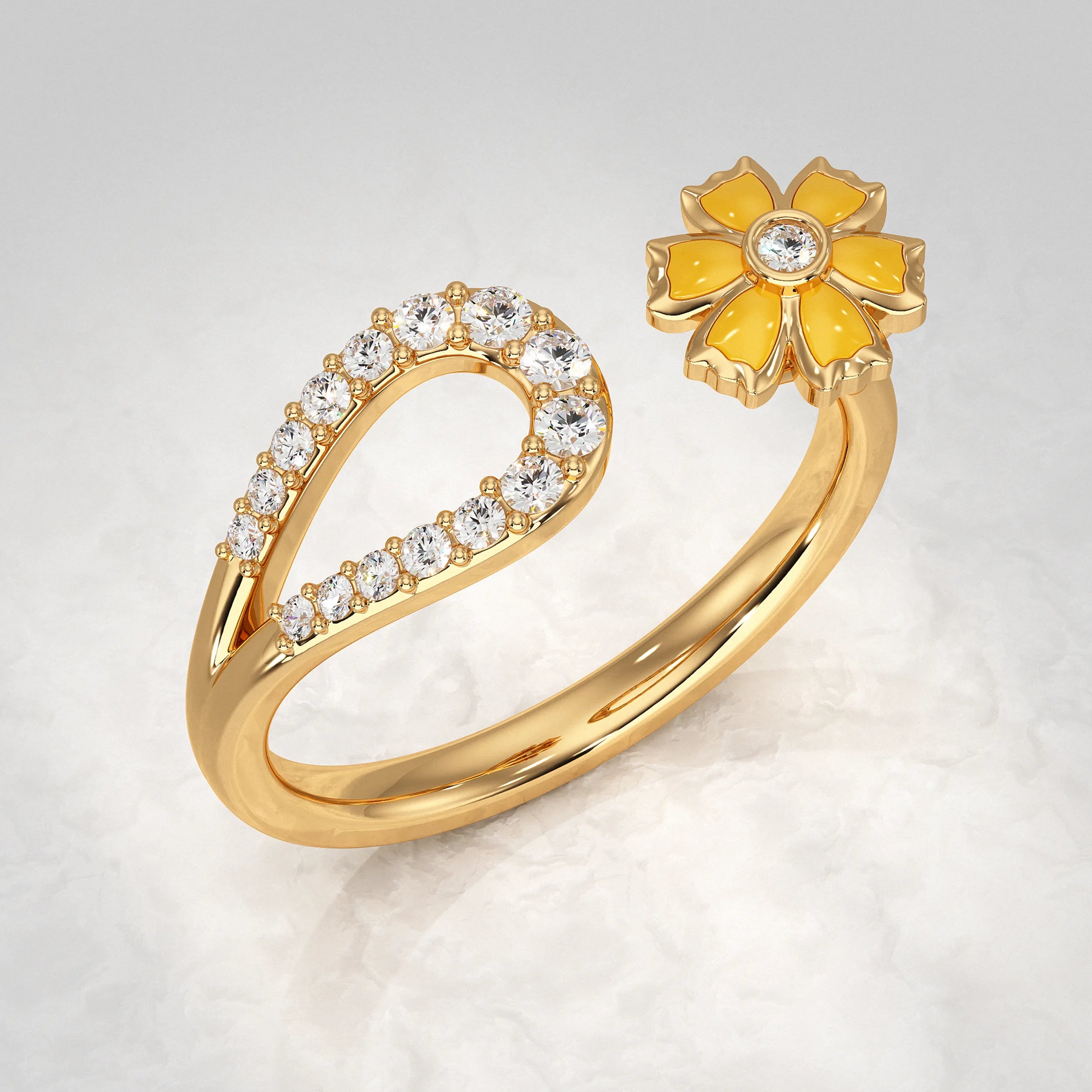 Yellow Enamel Flower Open Cuff Band Rings