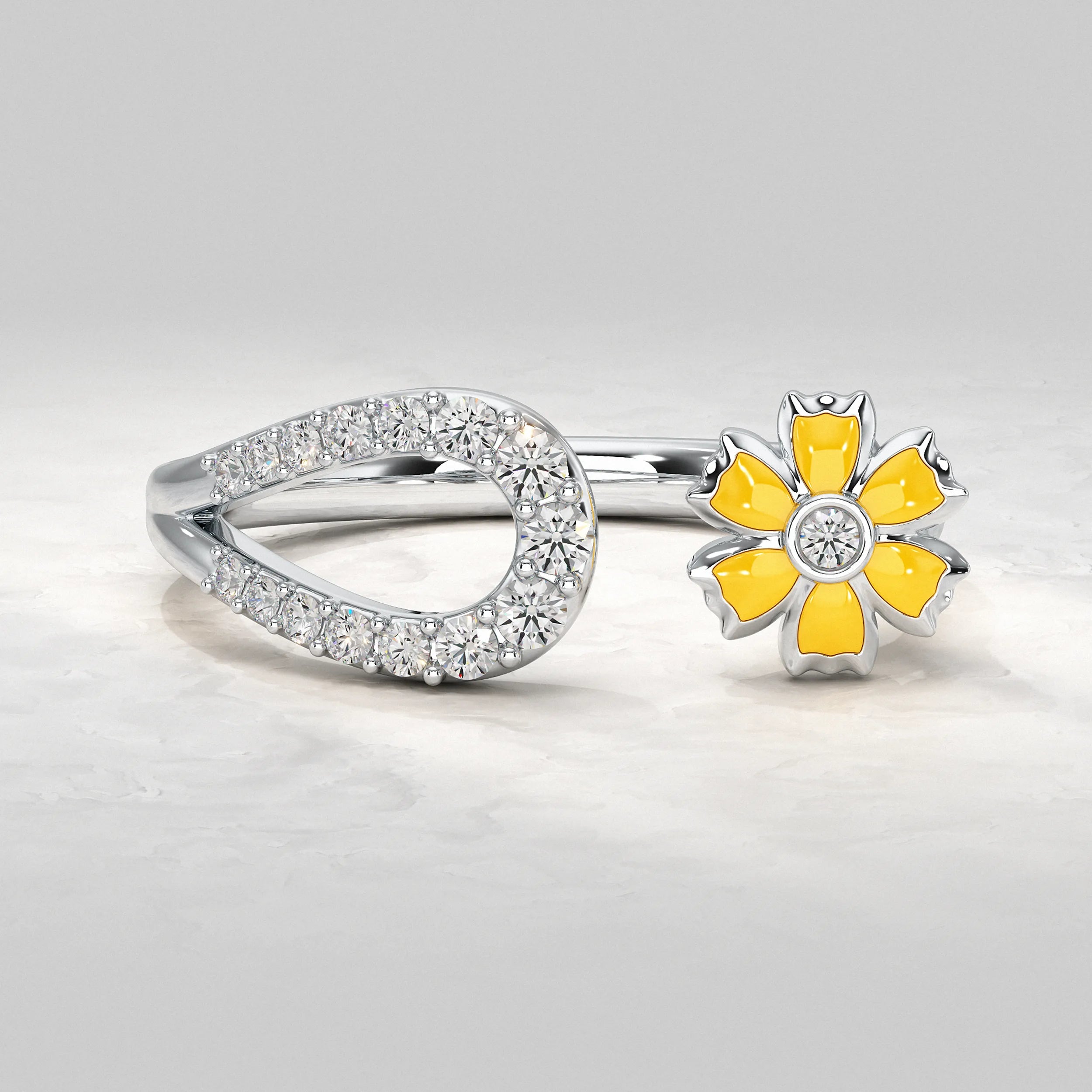 Yellow Enamel Flower Open Cuff Band Rings