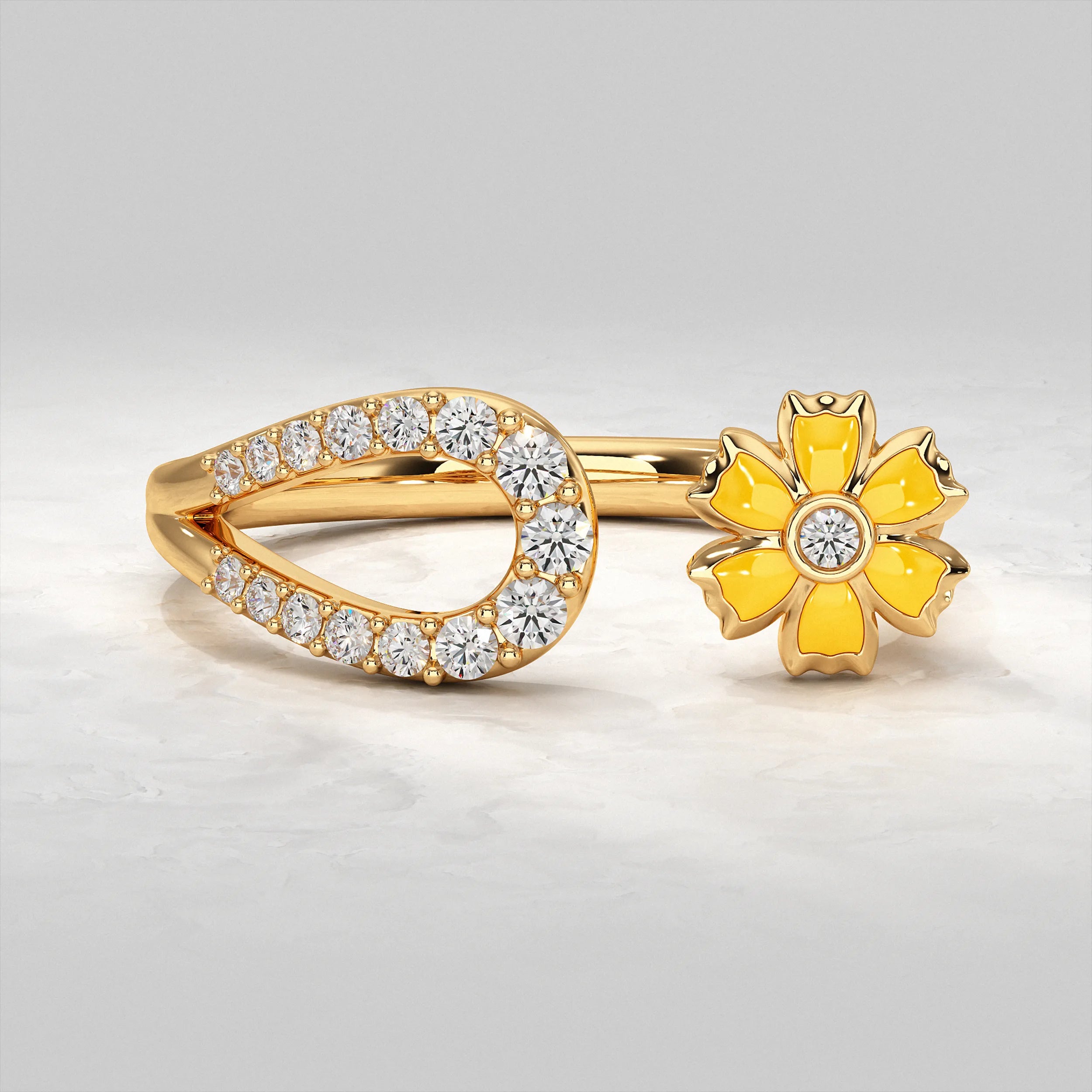 Yellow Enamel Flower Open Cuff Band Rings
