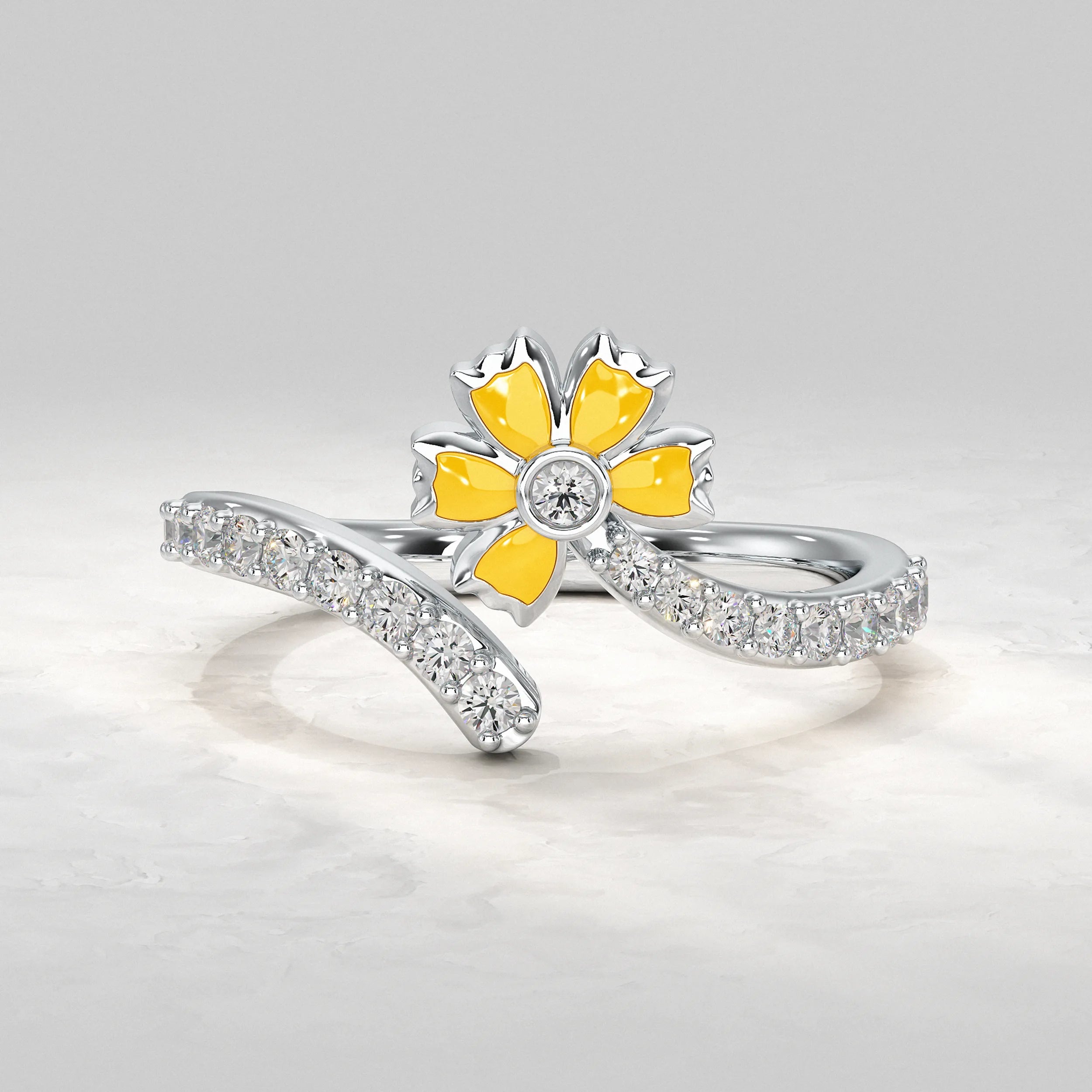 Open Cuff Blooming Flower Diamond Ring Rings