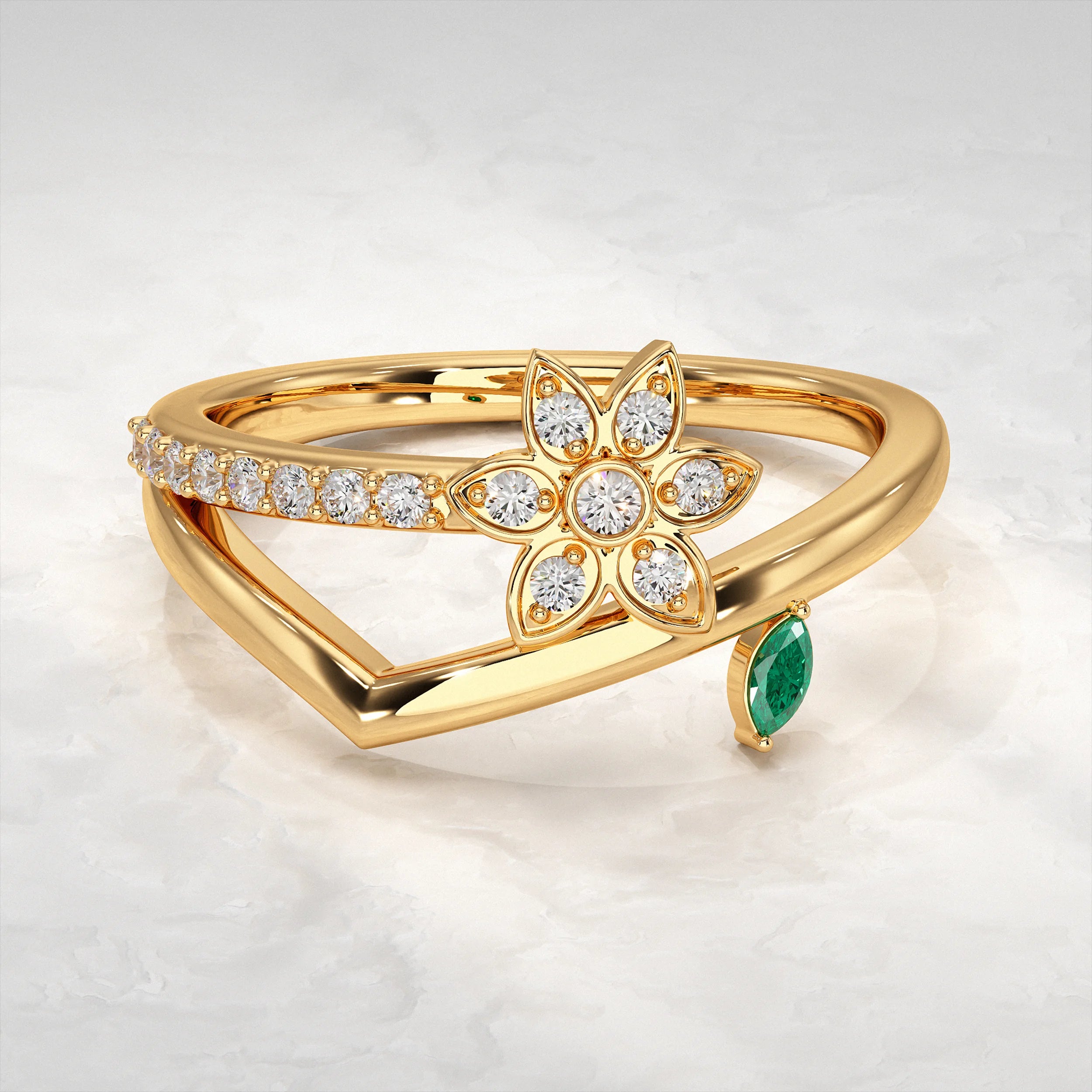 Floral Wrap Pave Ring with Green Drop Diamond Rings