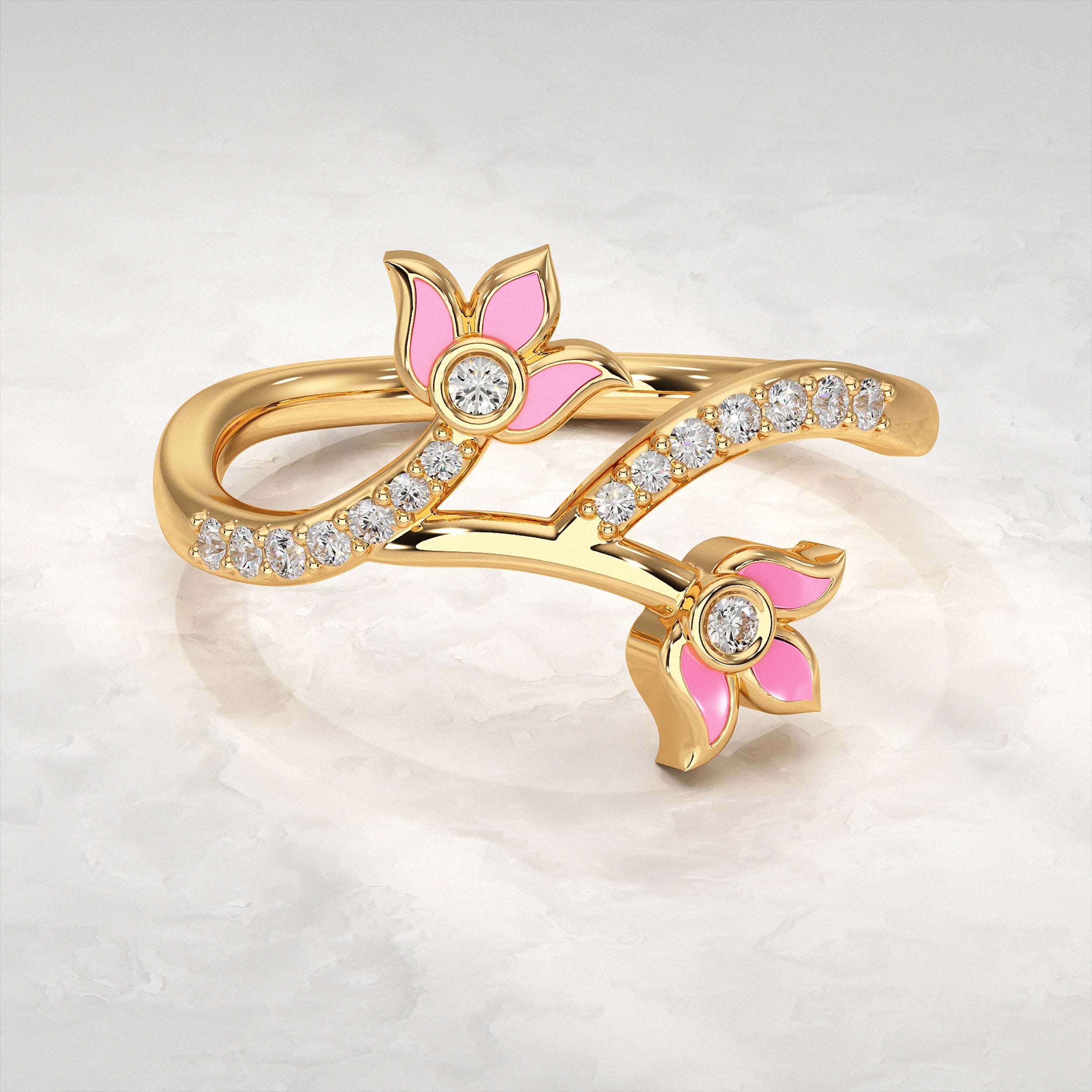 Dual Flower Pave Ring with Pink Enamel Rings