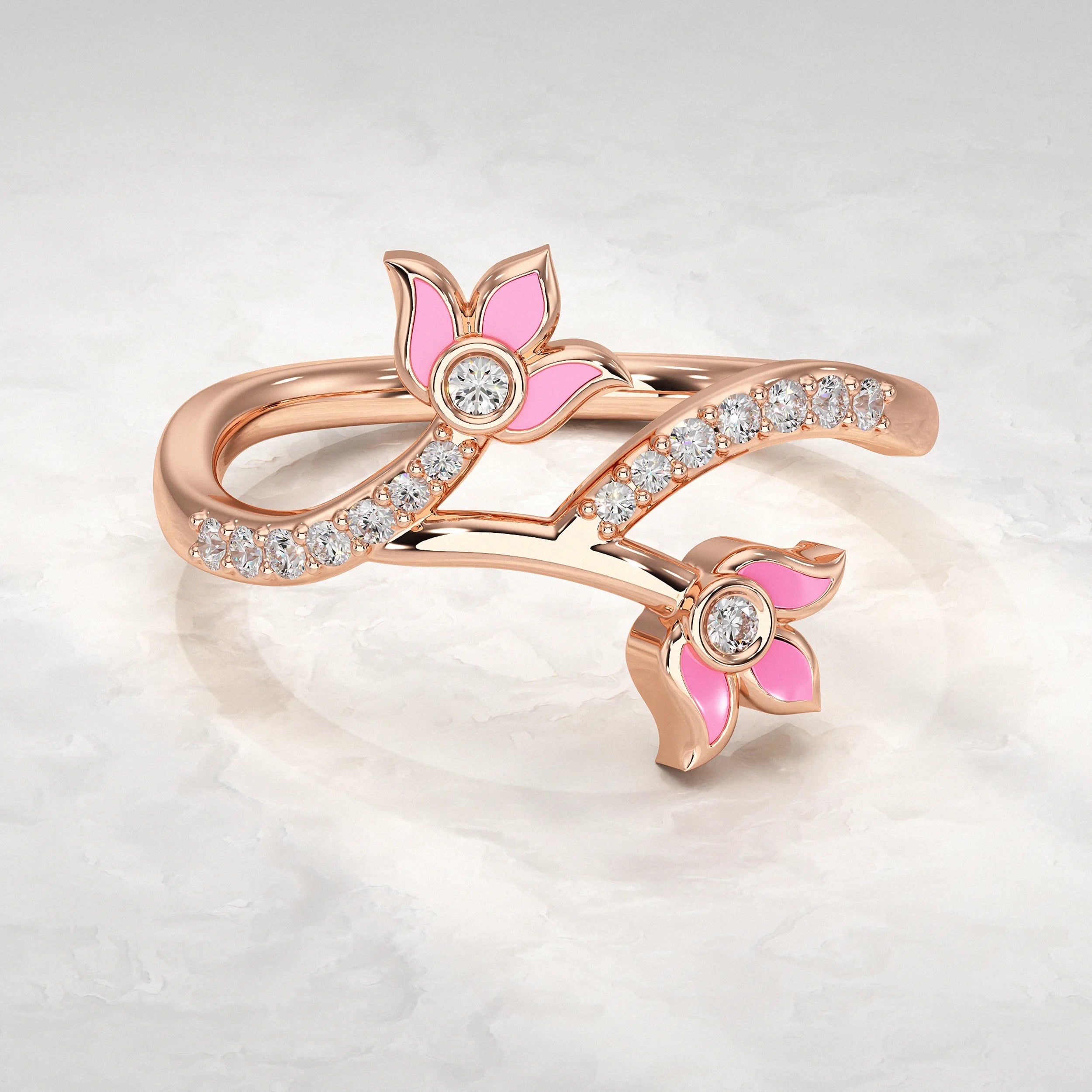 Dual Flower Pave Ring with Pink Enamel Rings
