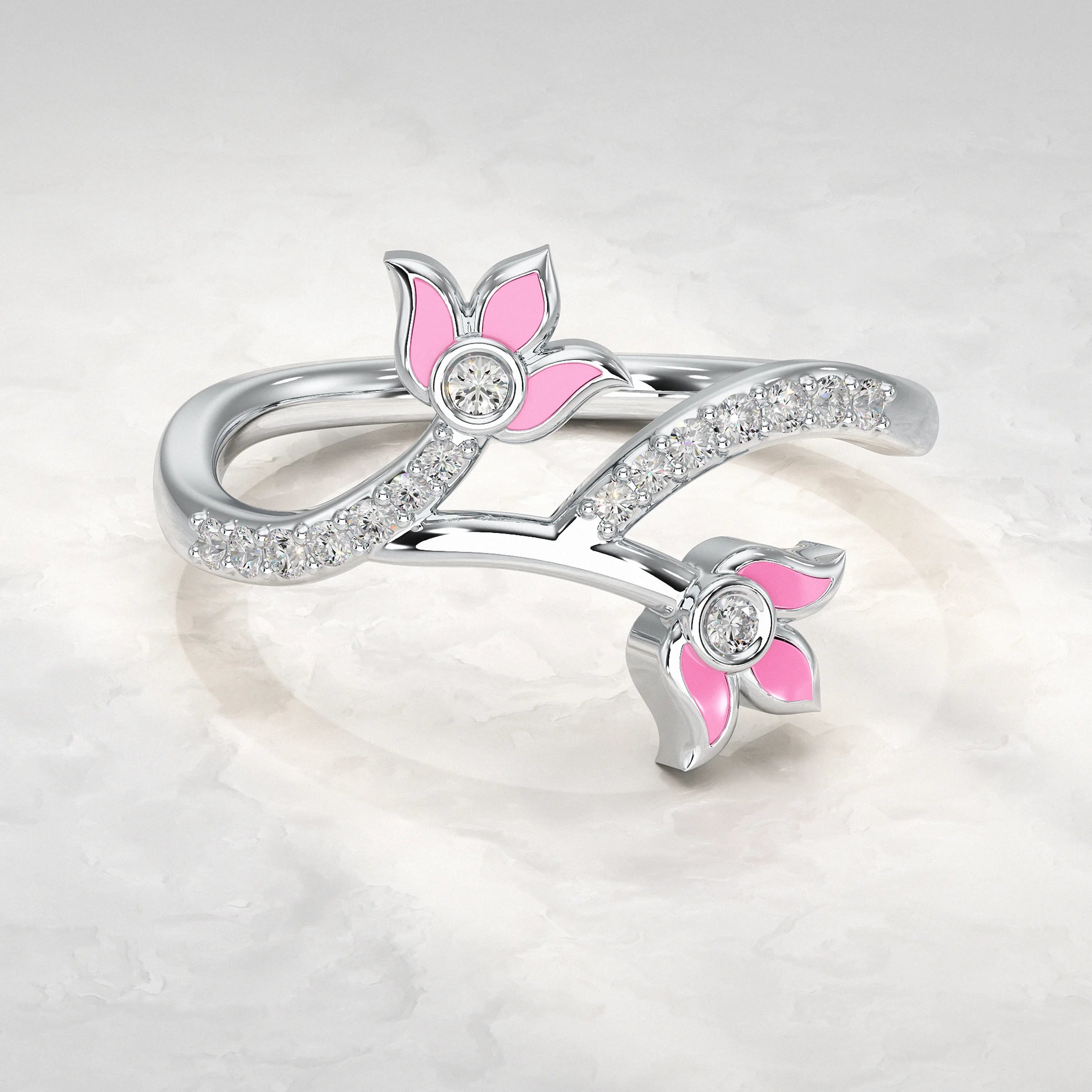 Dual Flower Pave Ring with Pink Enamel Rings