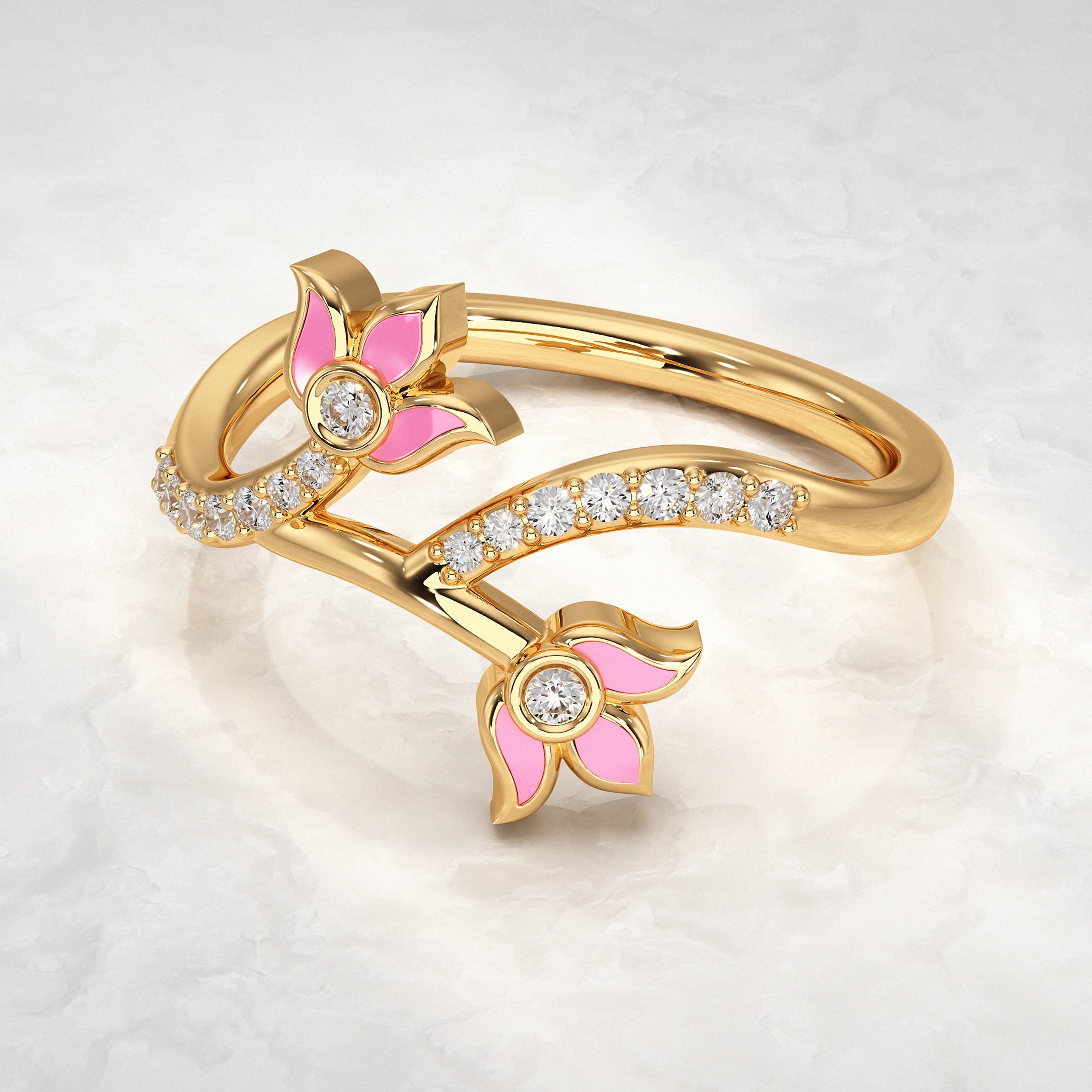 Dual Flower Pave Ring with Pink Enamel Rings