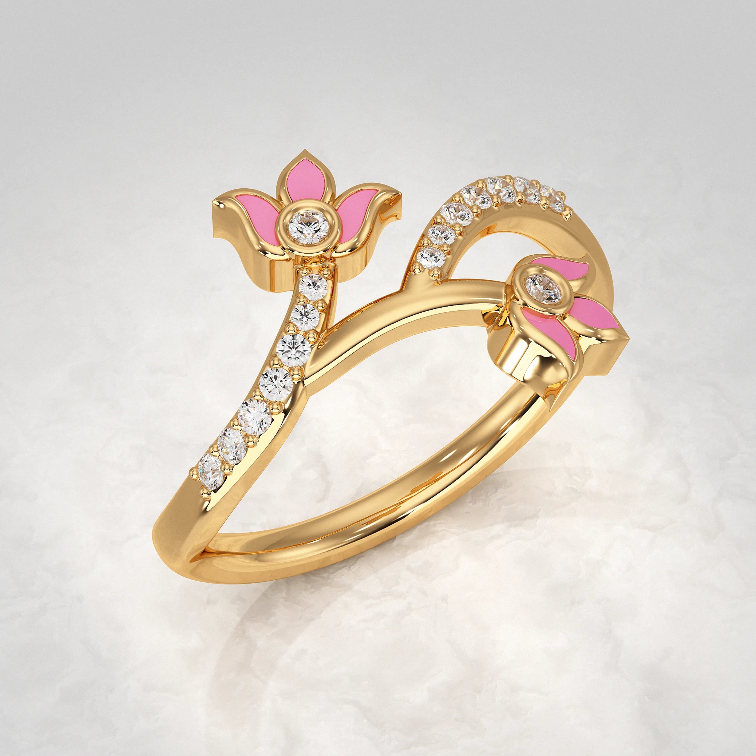 Dual Flower Pave Ring with Pink Enamel Rings