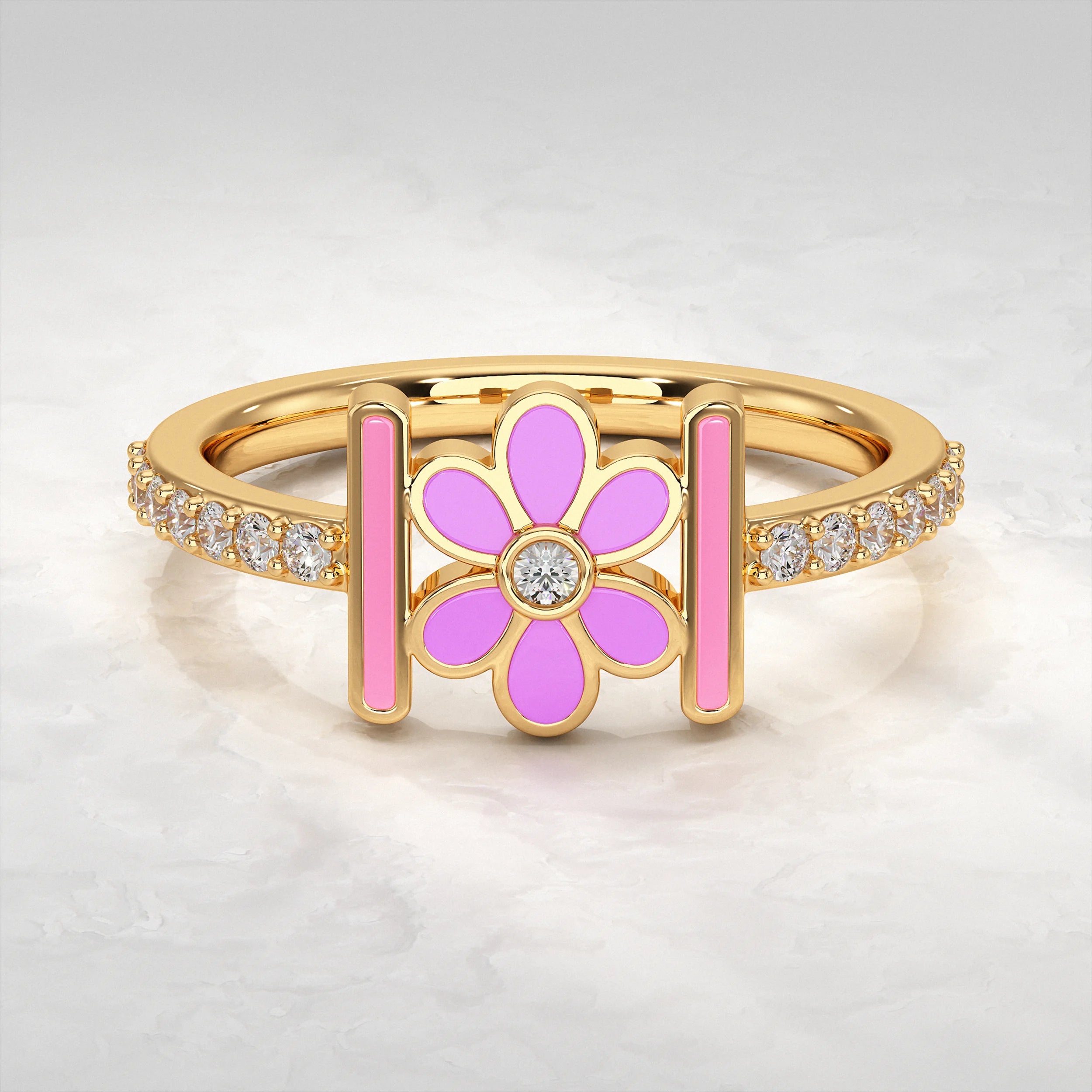 Enamel Flower With Pave Lab Diamond Ring Rings