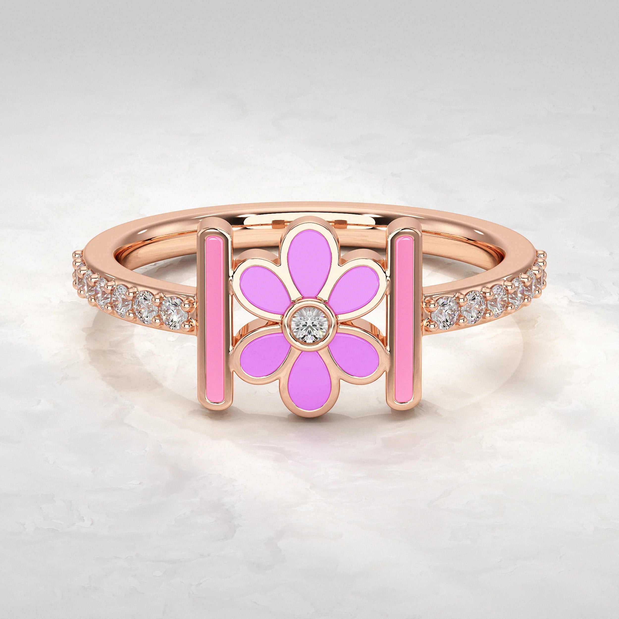 Enamel Flower With Pave Lab Diamond Ring Rings