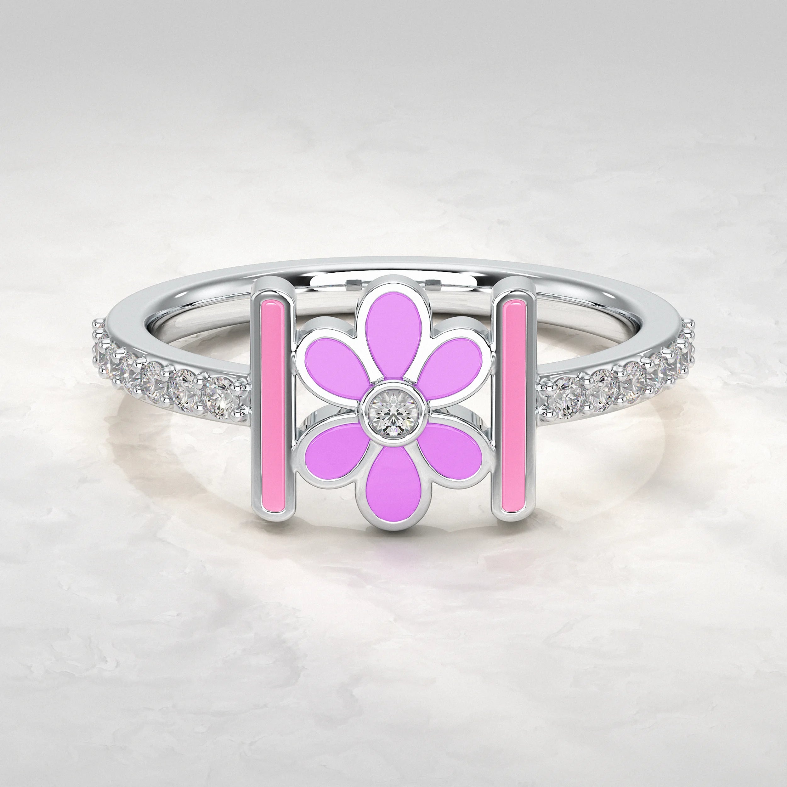 Enamel Flower With Pave Lab Diamond Ring Rings