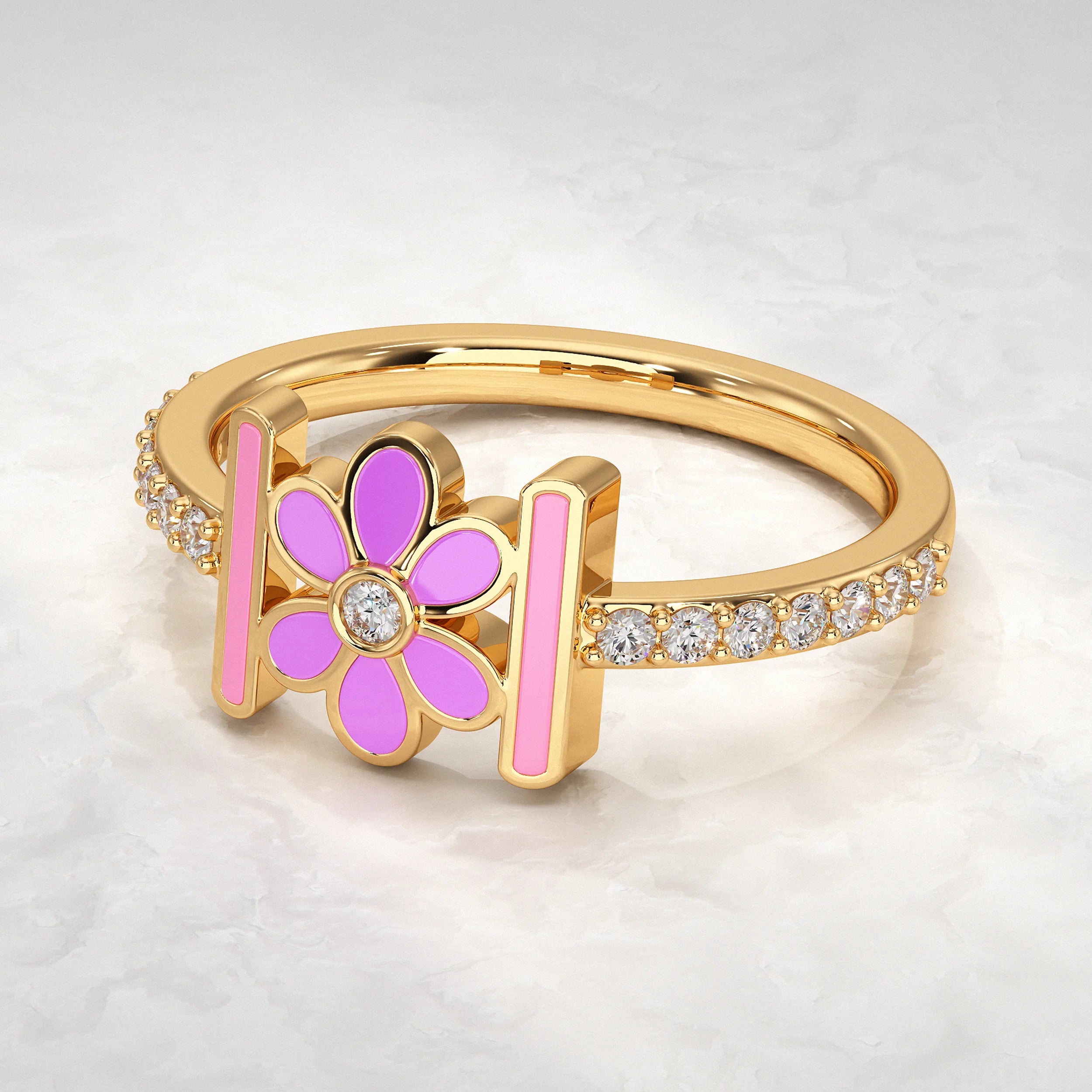 Enamel Flower With Pave Lab Diamond Ring Rings