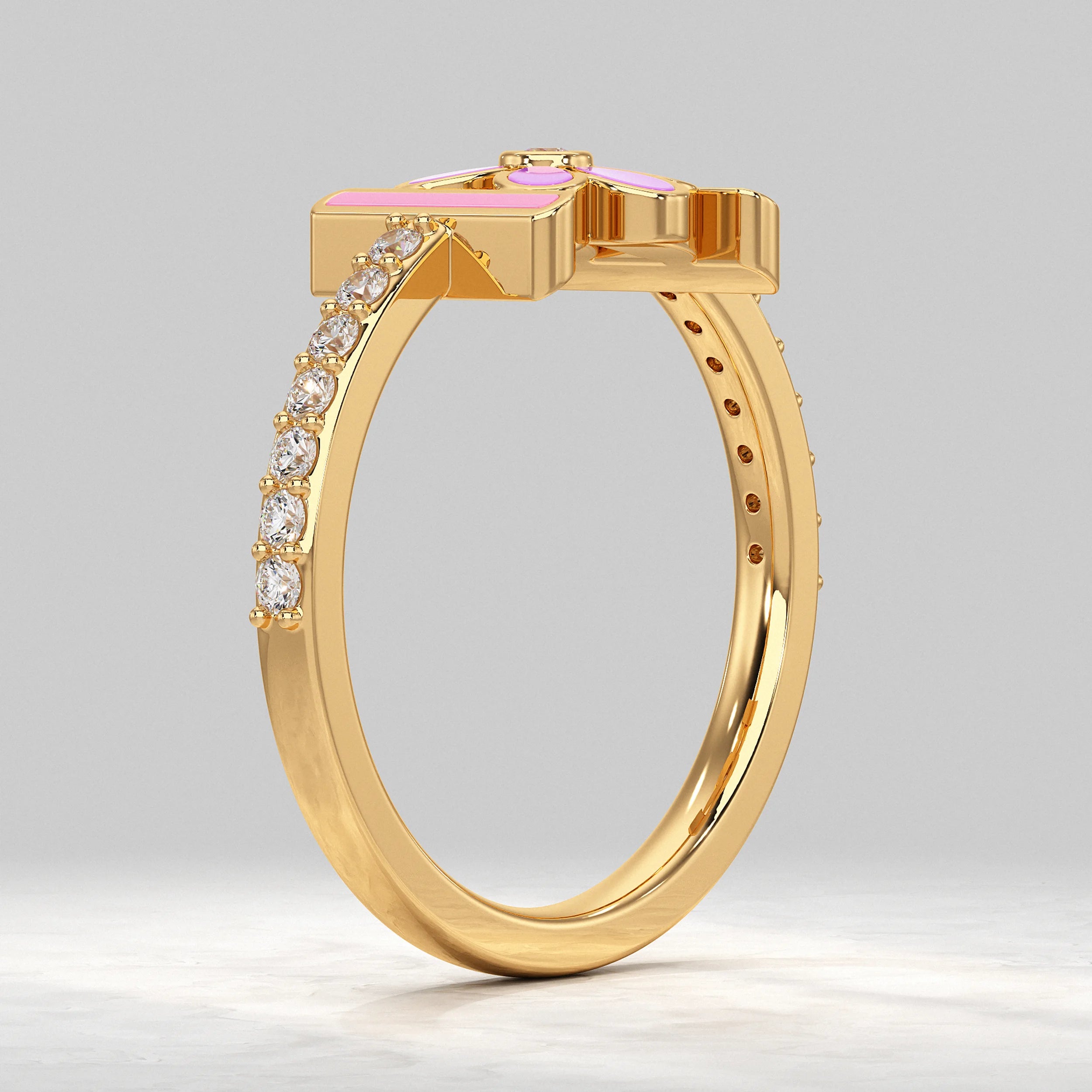Enamel Flower With Pave Lab Diamond Ring Rings