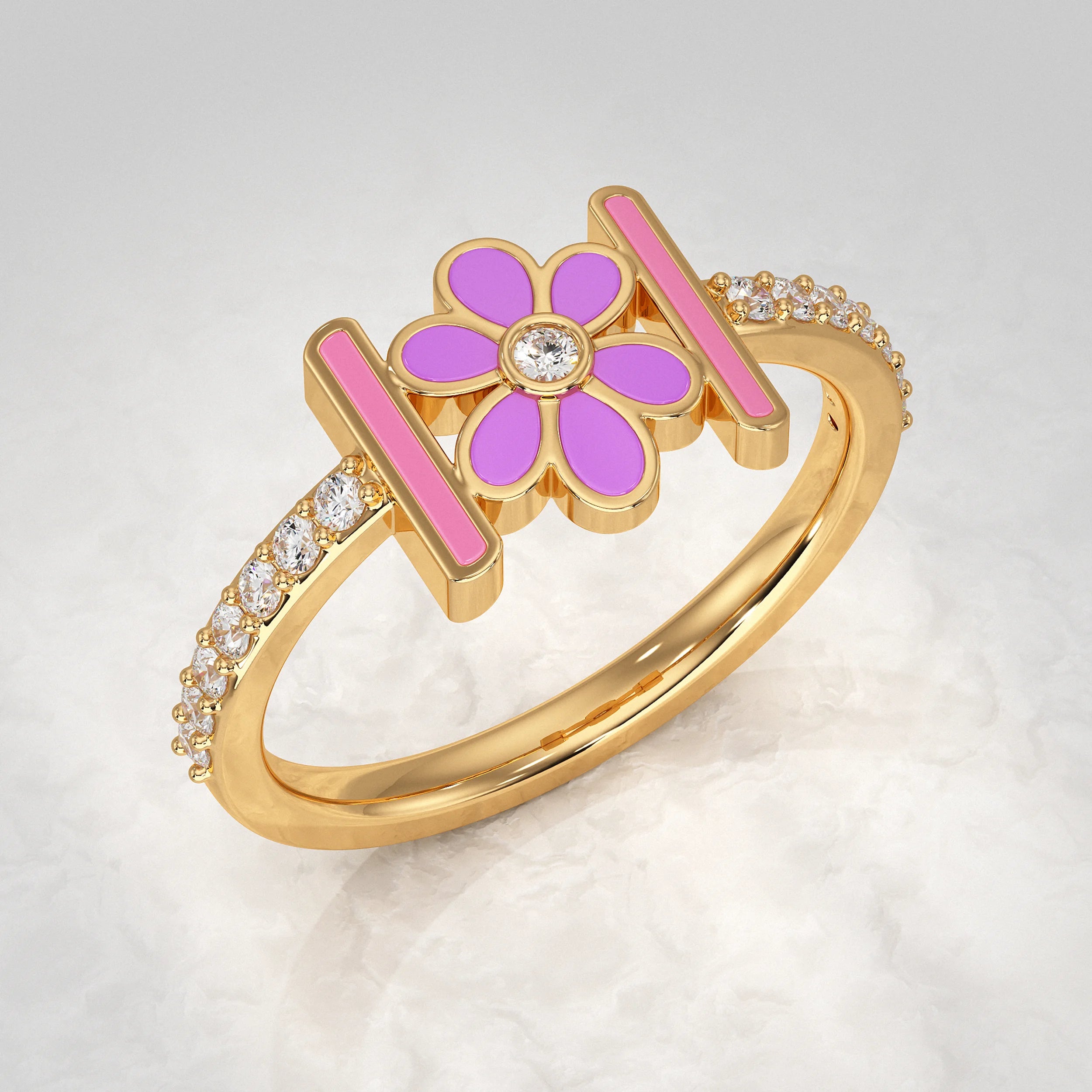 Enamel Flower With Pave Lab Diamond Ring Rings