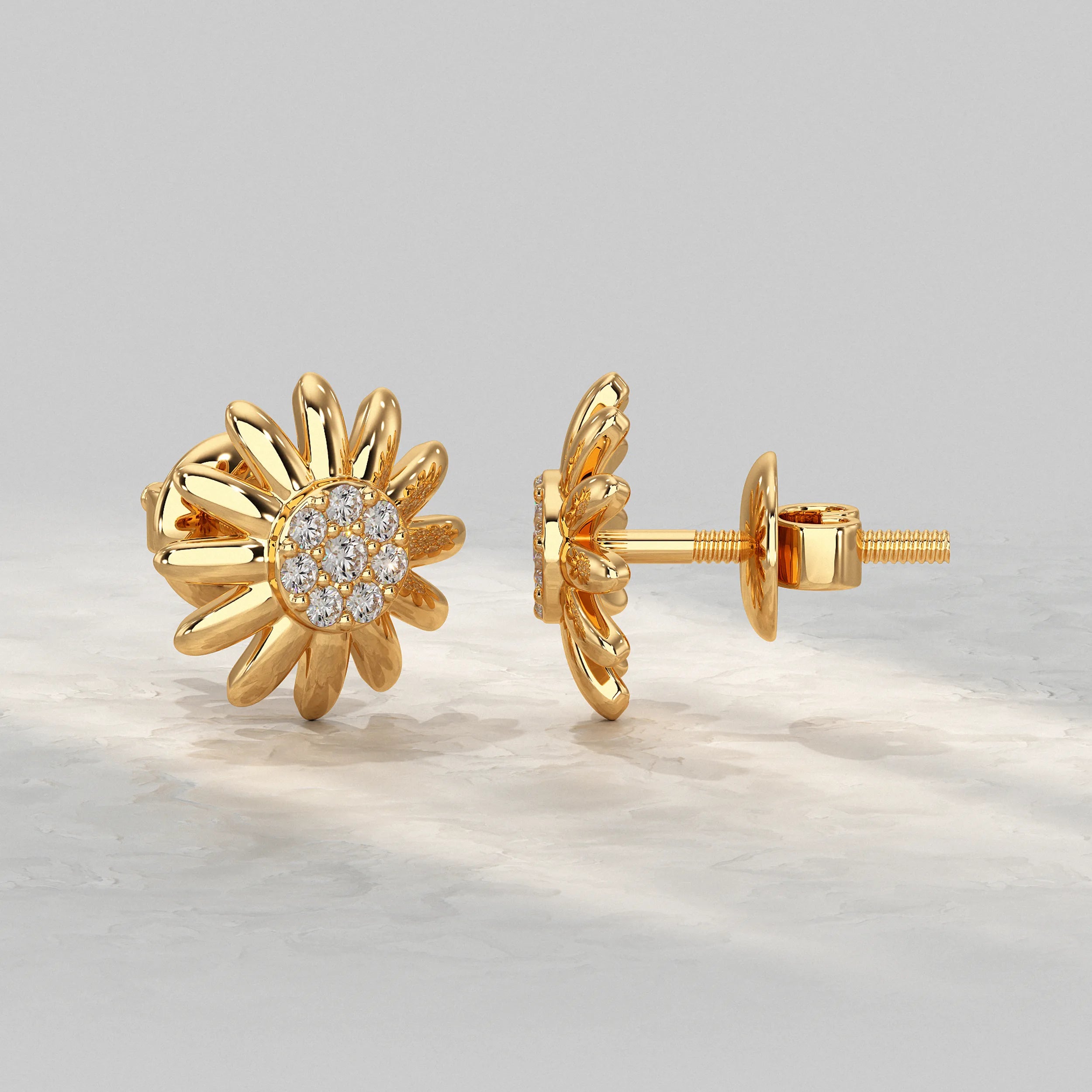 Sunflower Stud Earring With Round Diamond Earrings