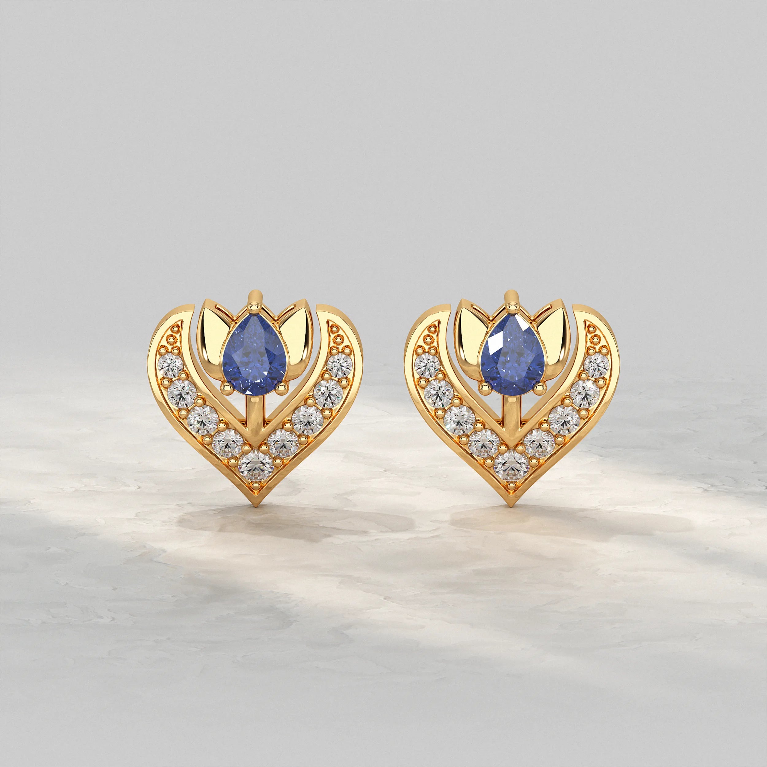 Pave Set Pear Blue Sapphire Gemstone Stud Earrings