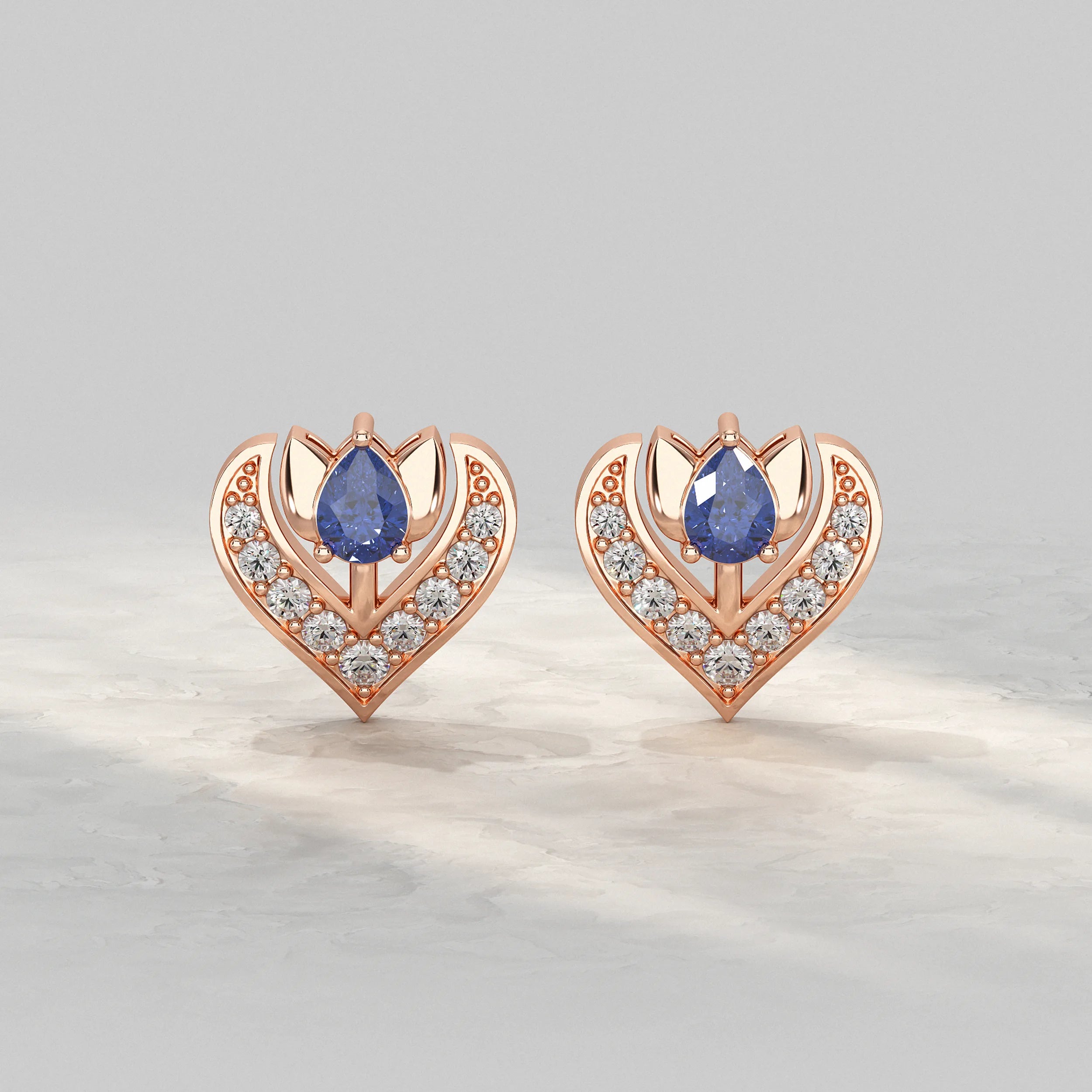 Pave Set Pear Blue Sapphire Gemstone Stud Earrings