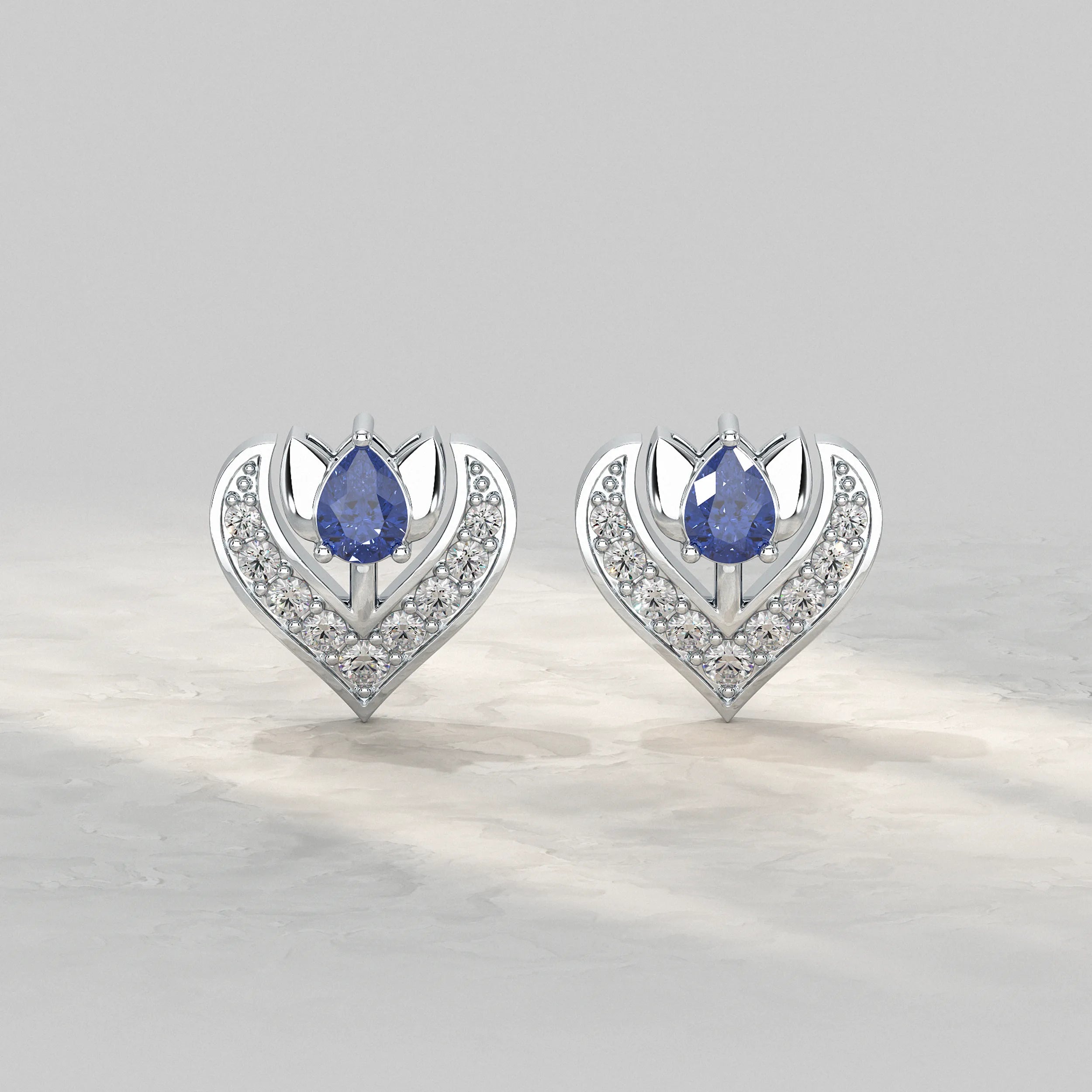 Pave Set Pear Blue Sapphire Gemstone Stud Earrings