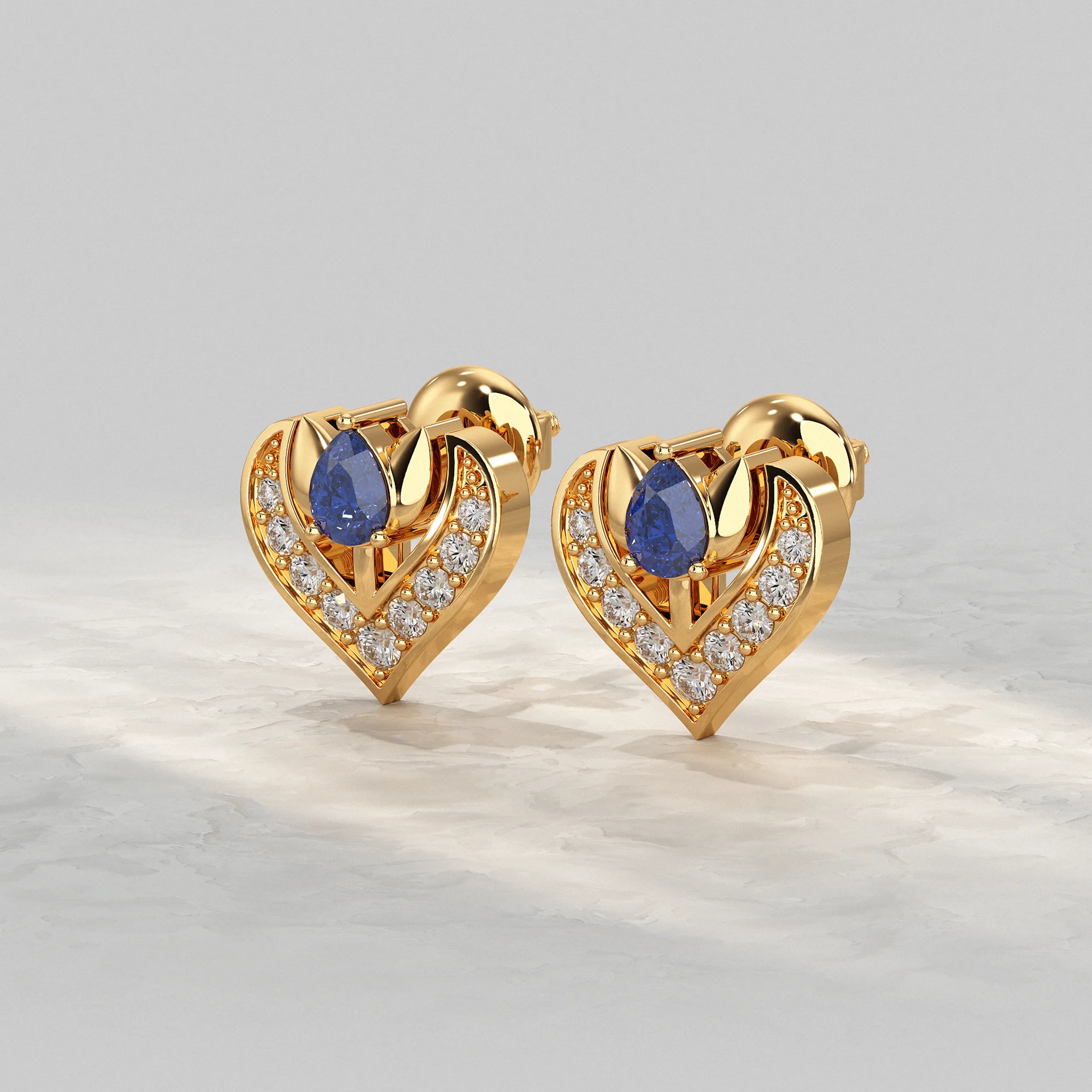 Pave Set Pear Blue Sapphire Gemstone Stud Earrings