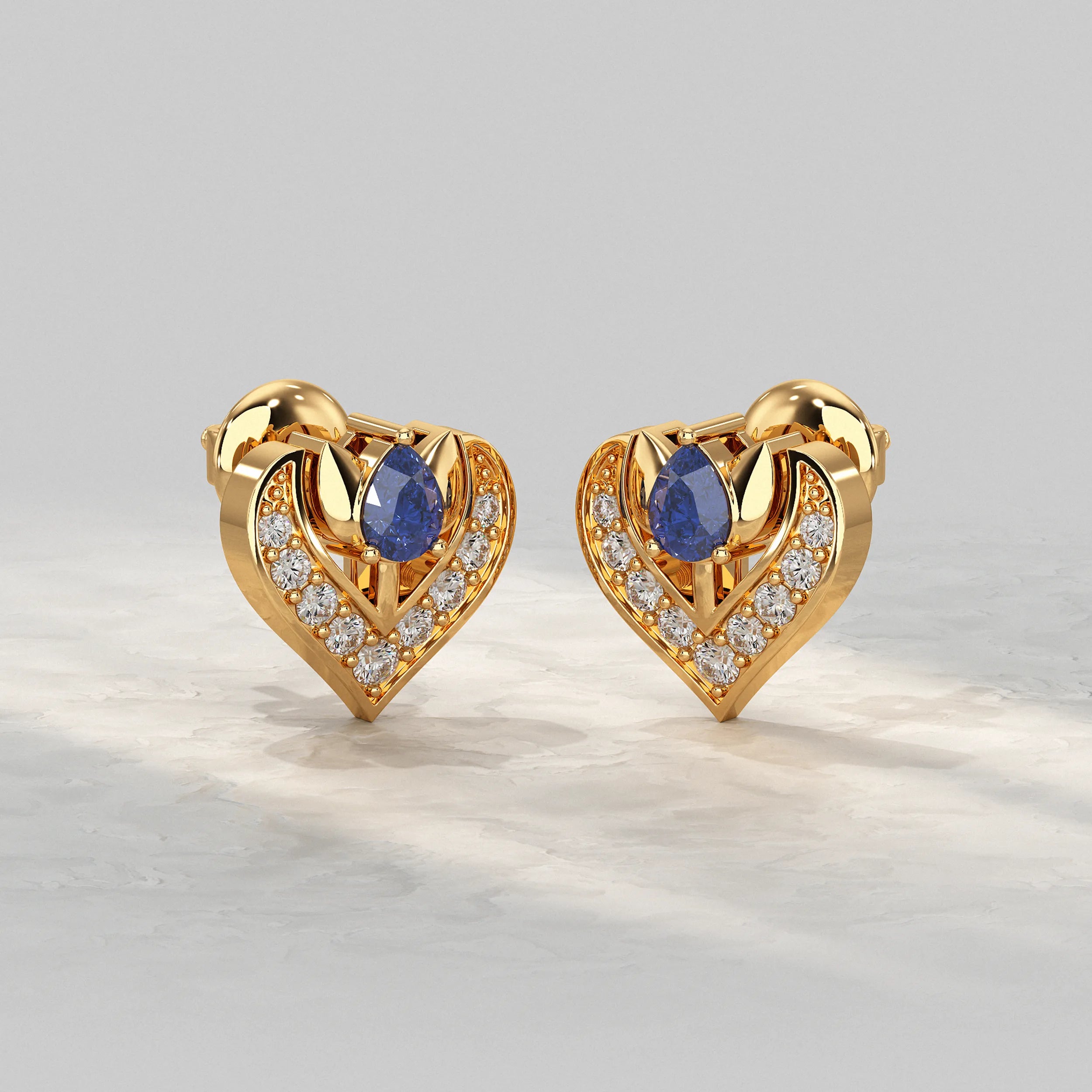 Pave Set Pear Blue Sapphire Gemstone Stud Earrings