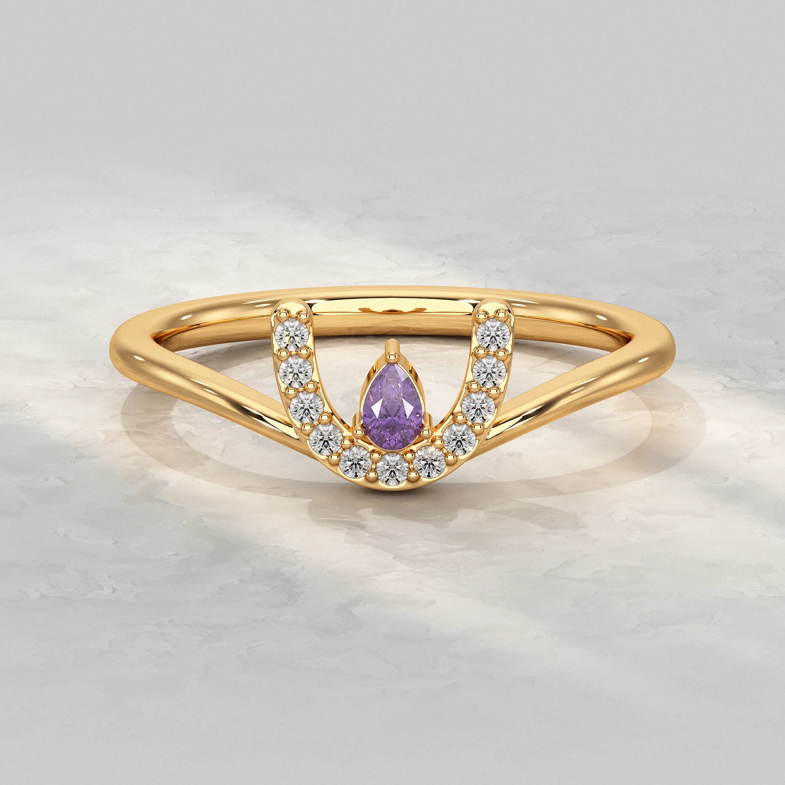 Amethyst And Crescent Shape Diamond Ring Rings