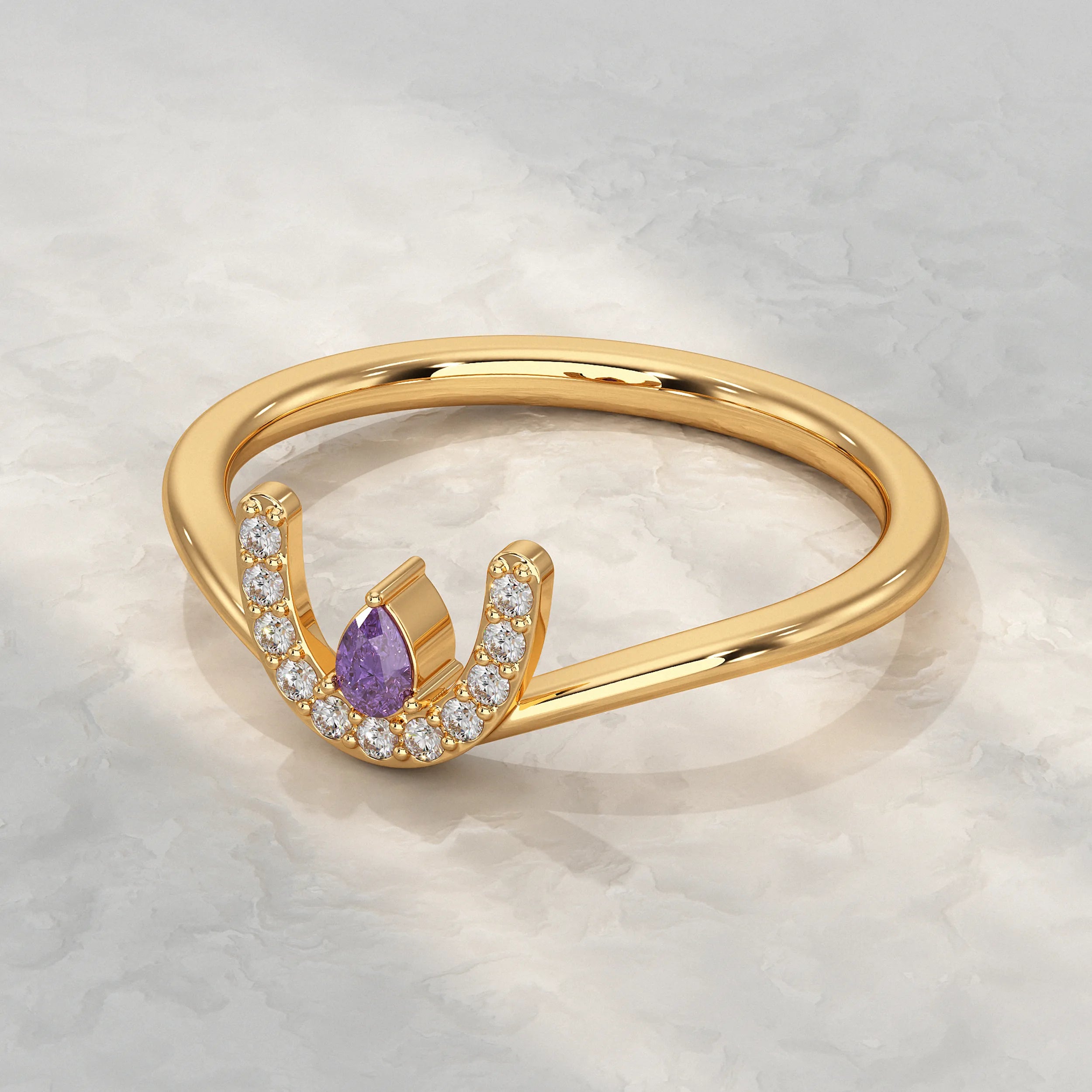 Amethyst And Crescent Shape Diamond Ring Rings