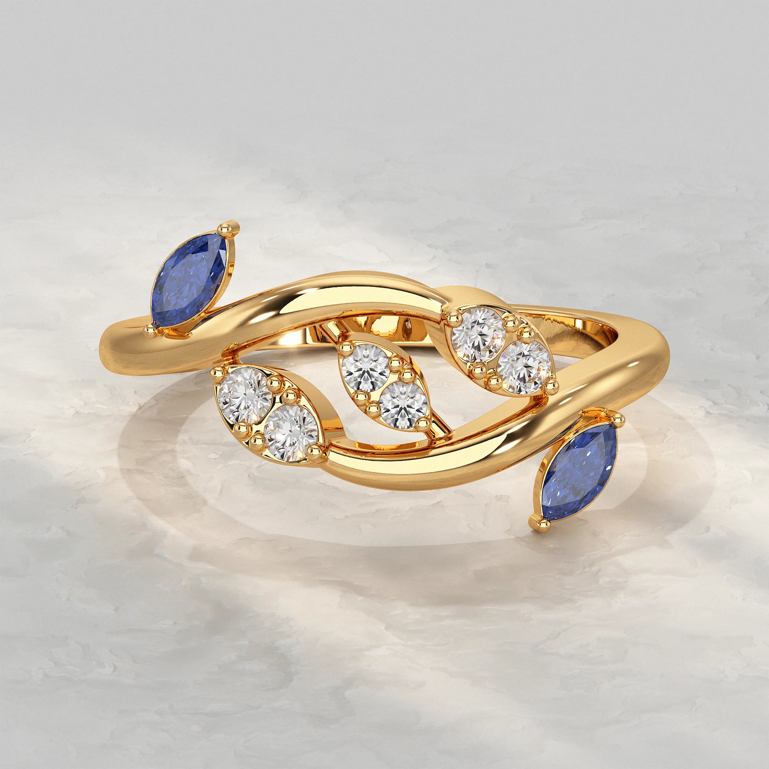 Twisted Ring With Two Leaf Diamond Accent Rings