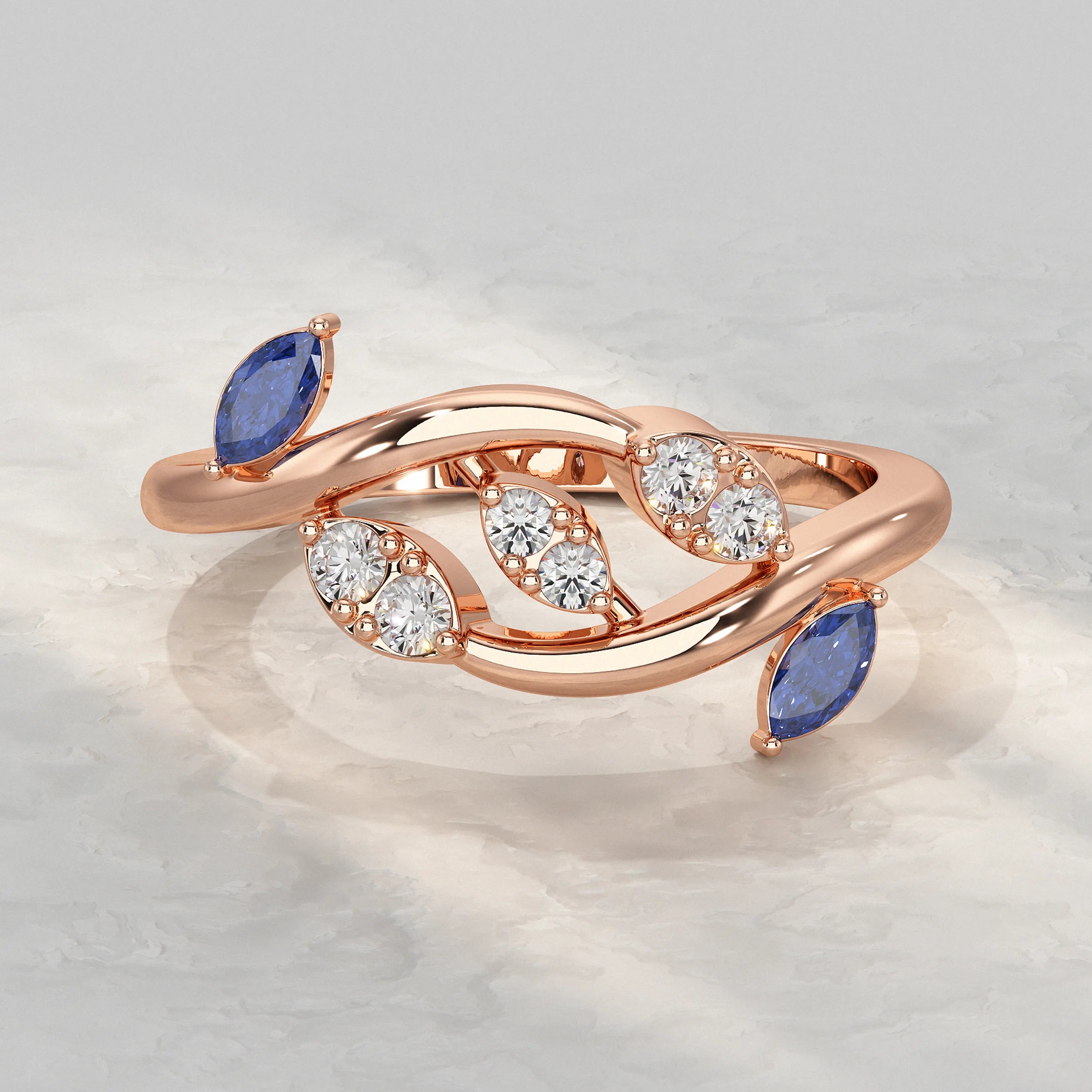 Twisted Ring With Two Leaf Diamond Accent Rings