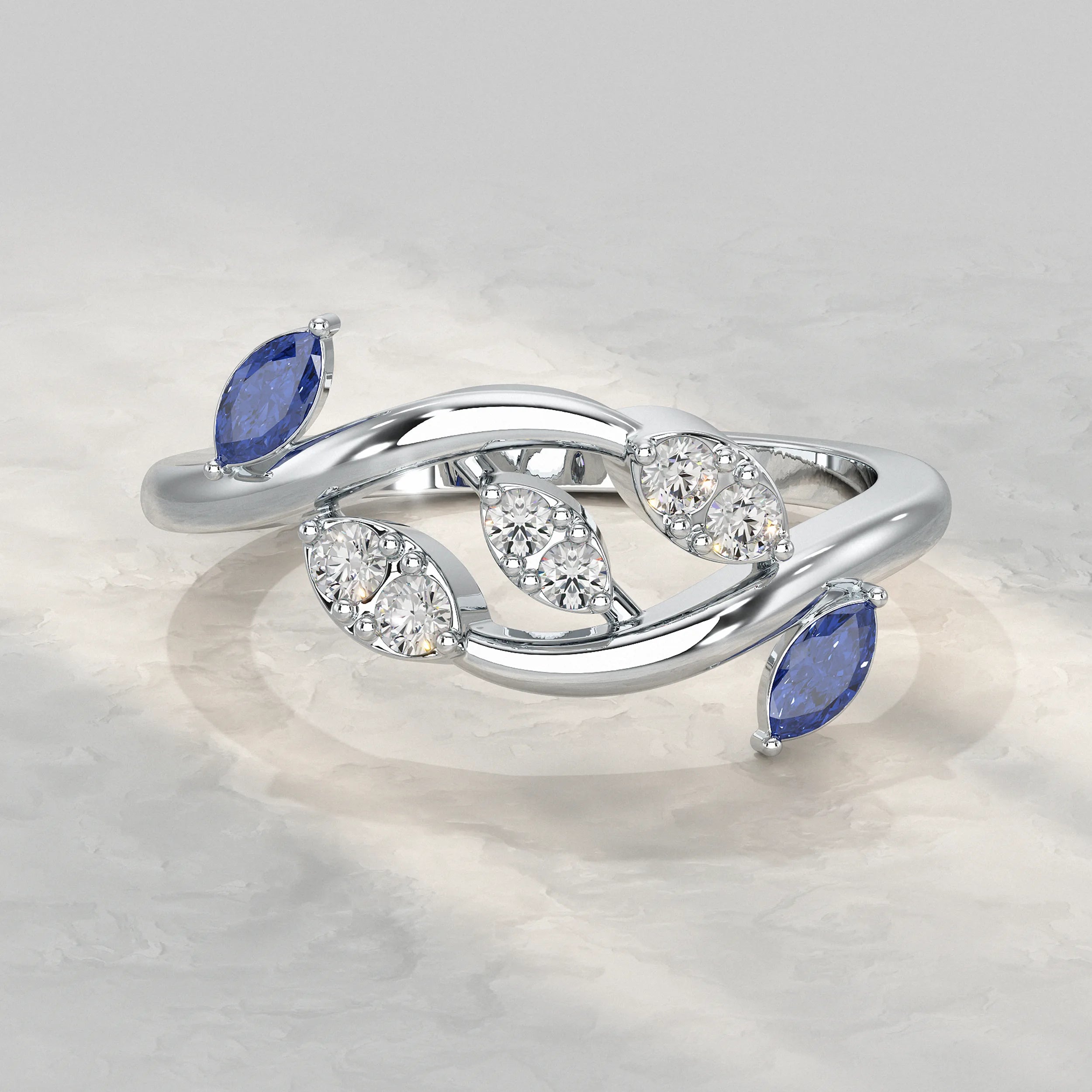 Twisted Ring With Two Leaf Diamond Accent Rings