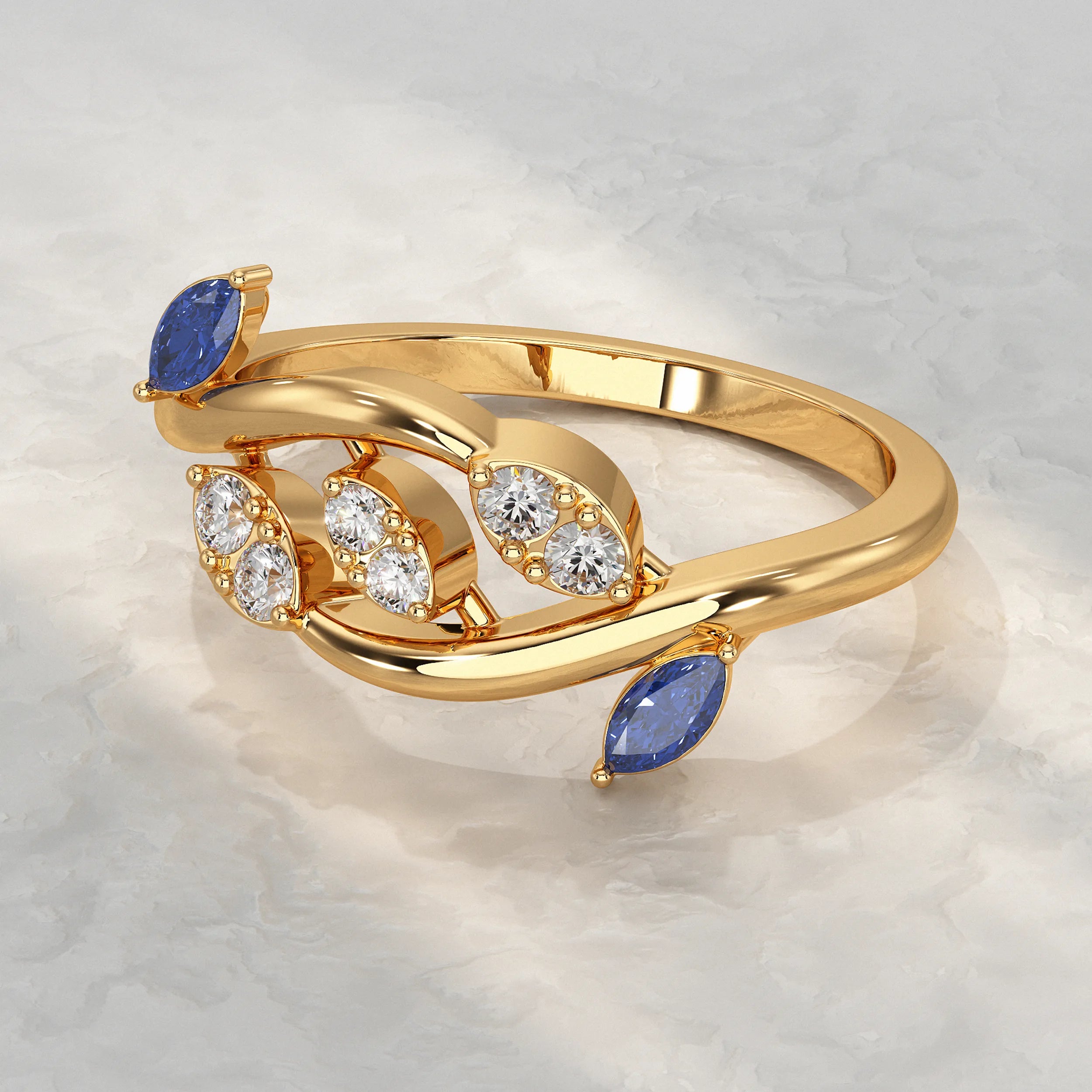 Twisted Ring With Two Leaf Diamond Accent Rings