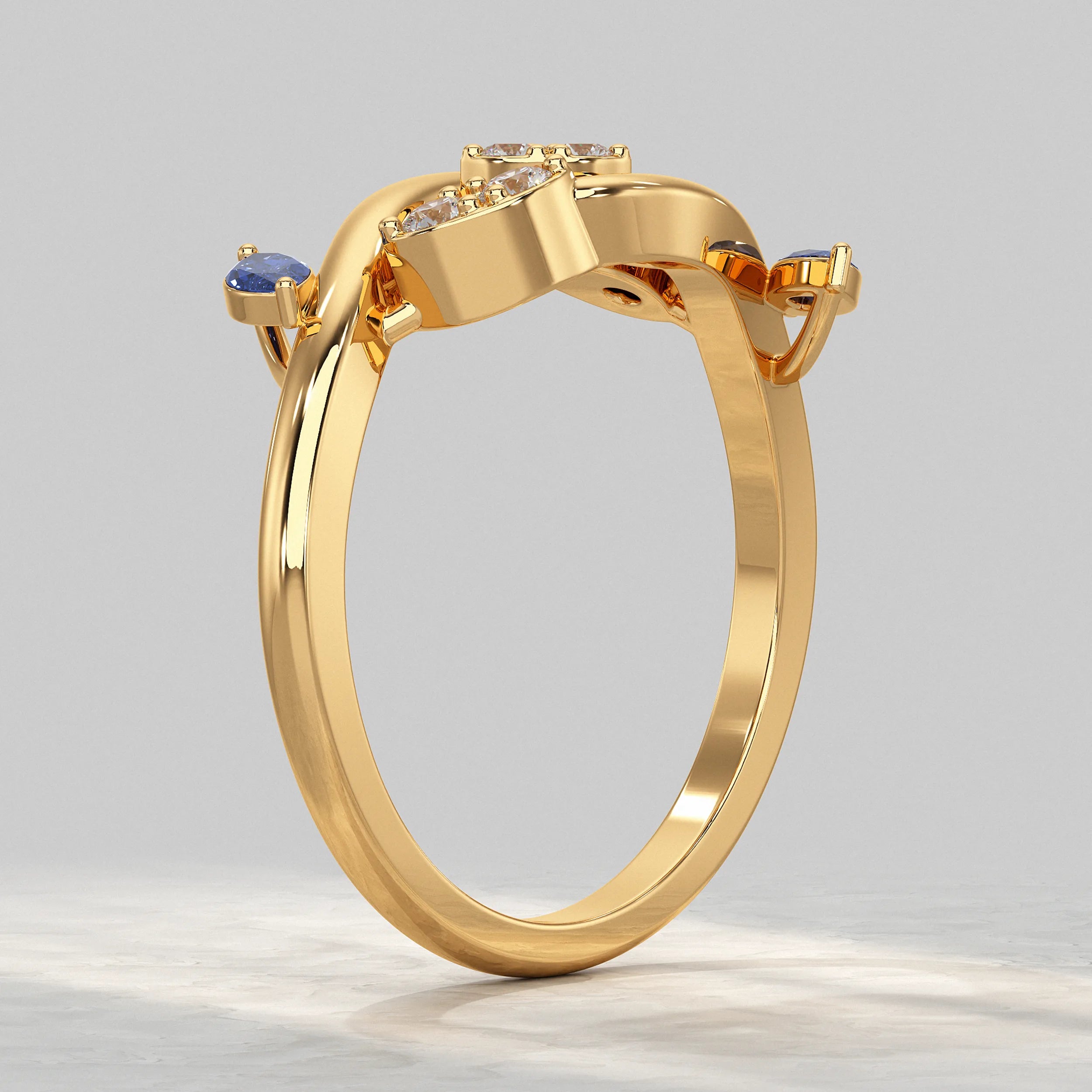 Twisted Ring With Two Leaf Diamond Accent Rings