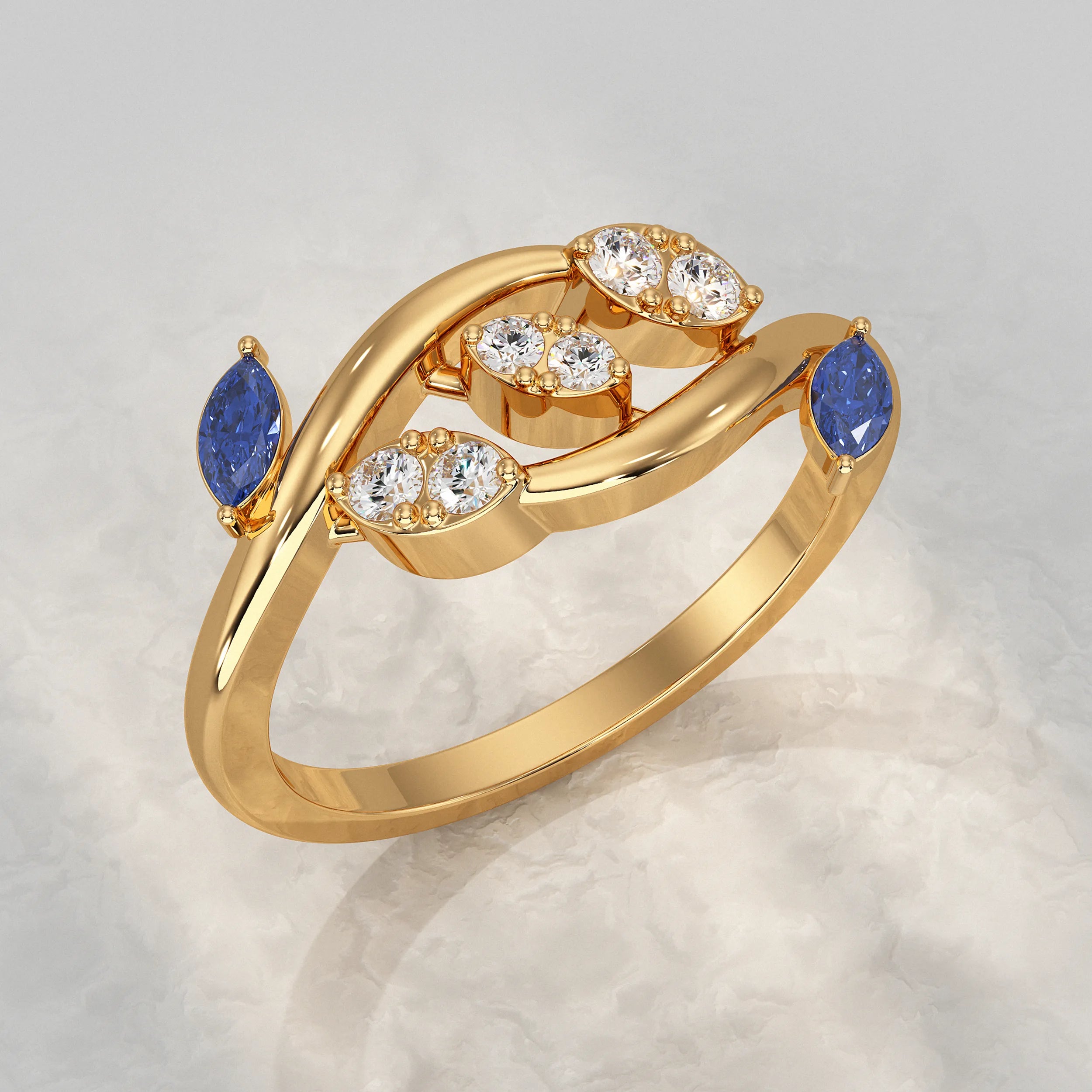 Twisted Ring With Two Leaf Diamond Accent Rings