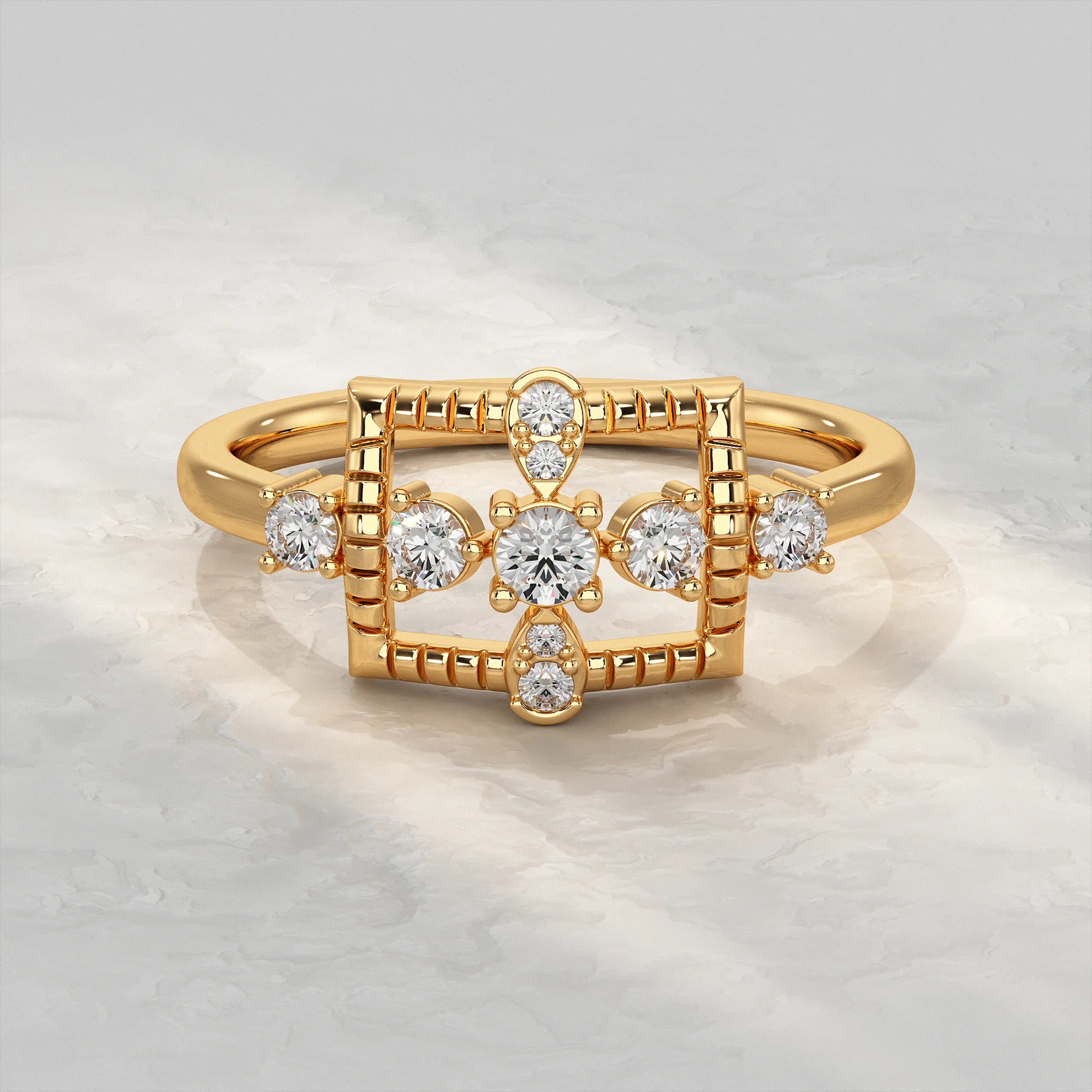 Geometric Rectangle Ring Featuring Round Diamond Rings