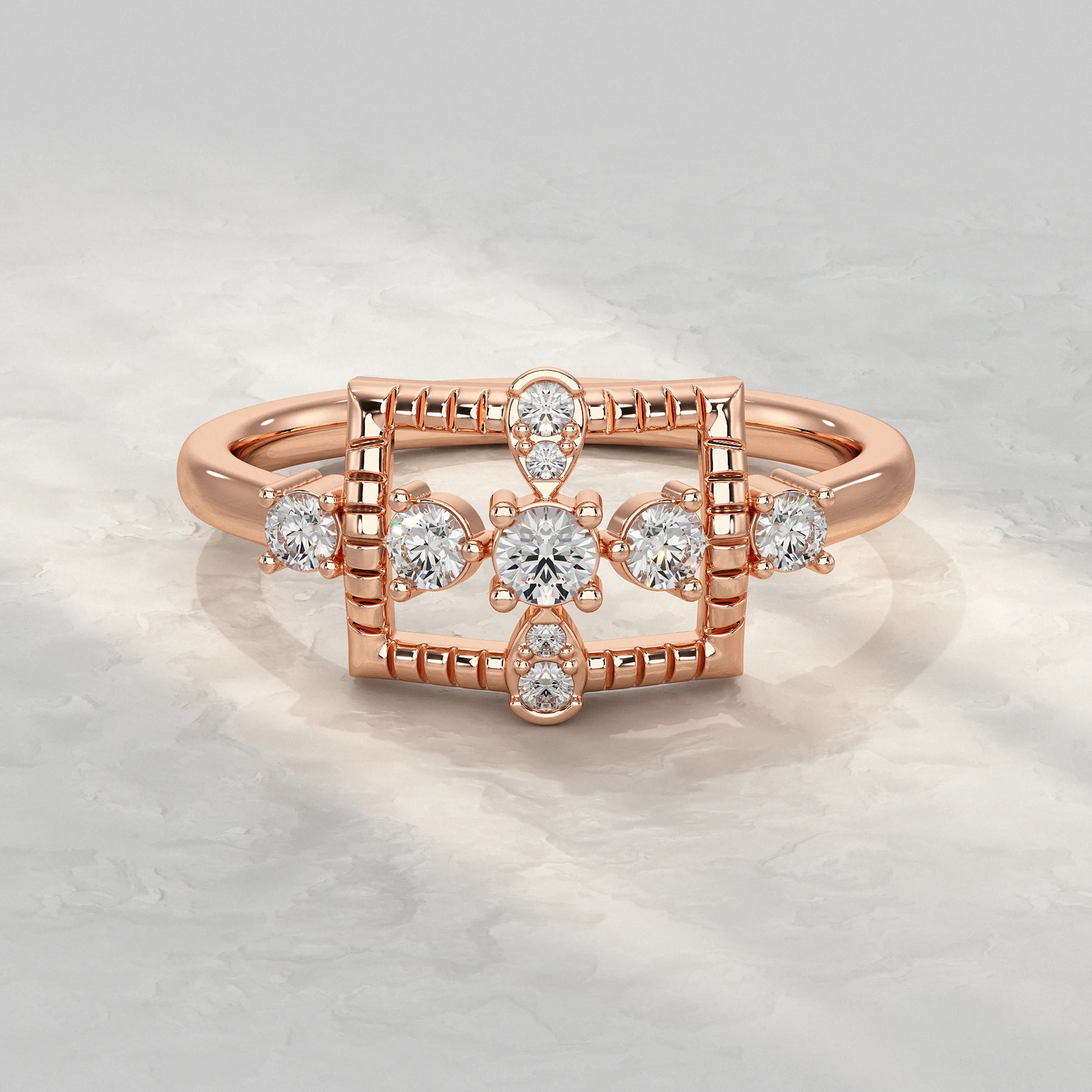 Geometric Rectangle Ring Featuring Round Diamond Rings