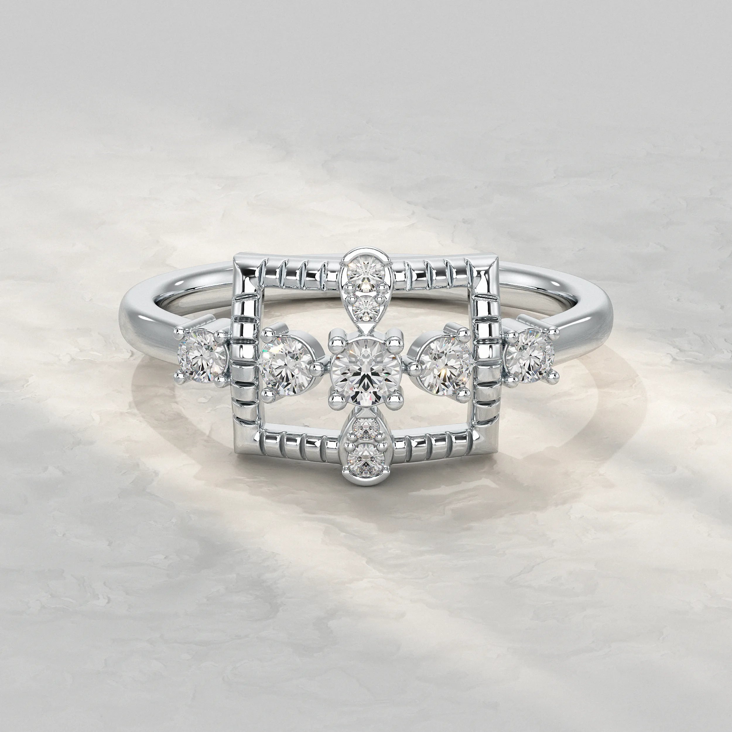 Geometric Rectangle Ring Featuring Round Diamond Rings