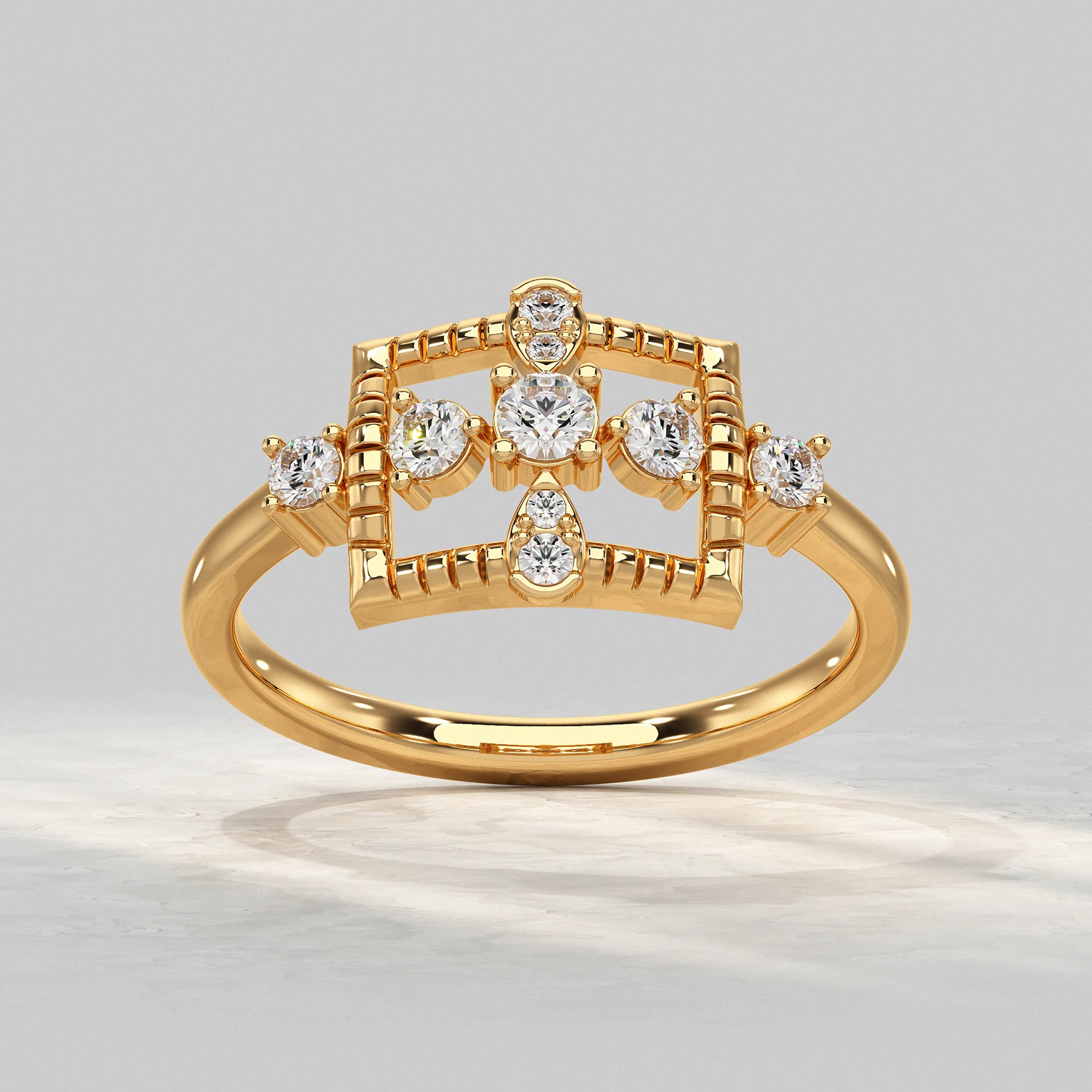 Geometric Rectangle Ring Featuring Round Diamond Rings