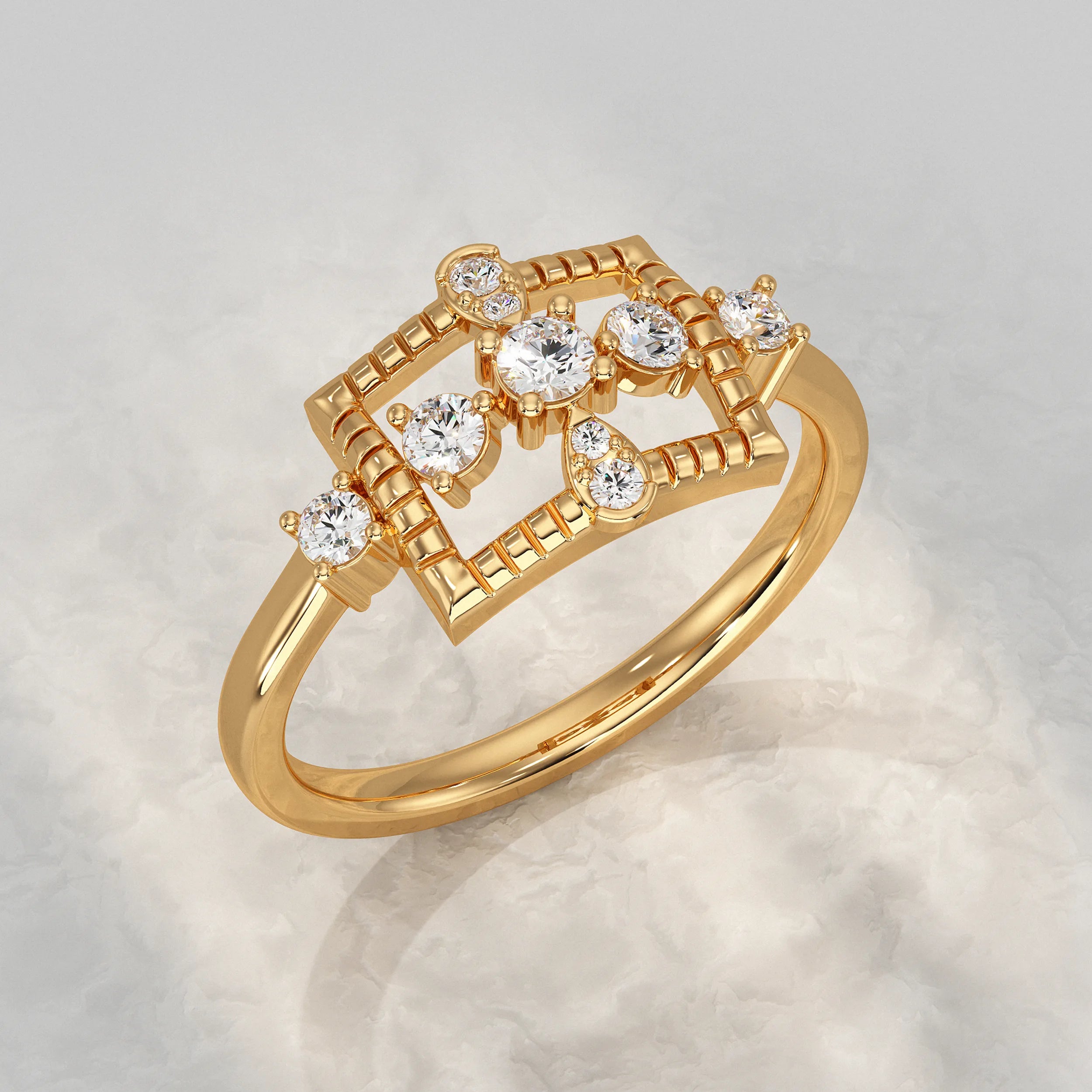 Geometric Rectangle Ring Featuring Round Diamond Rings