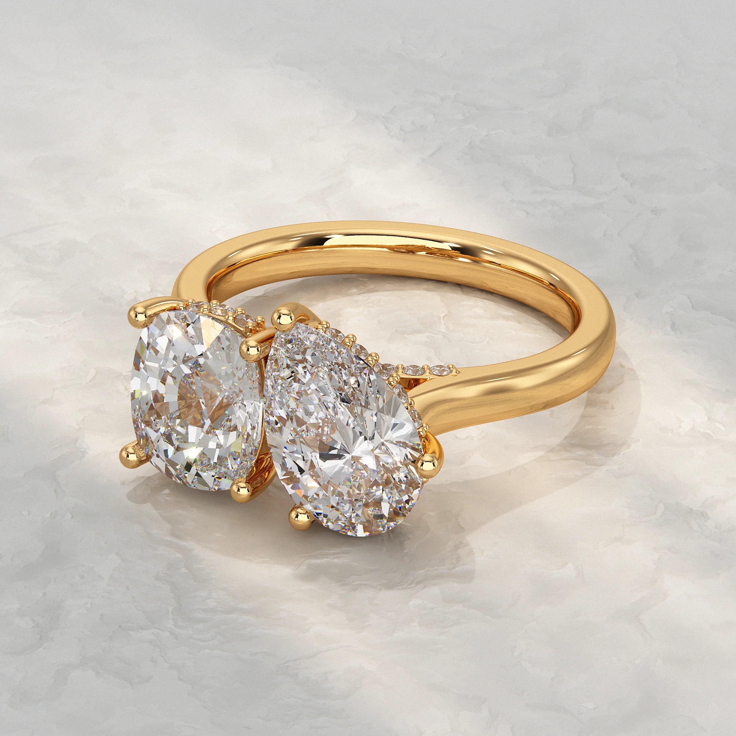 Two Stone Pear And Cushion Lab Diamond Hidden Halo Ring Rings
