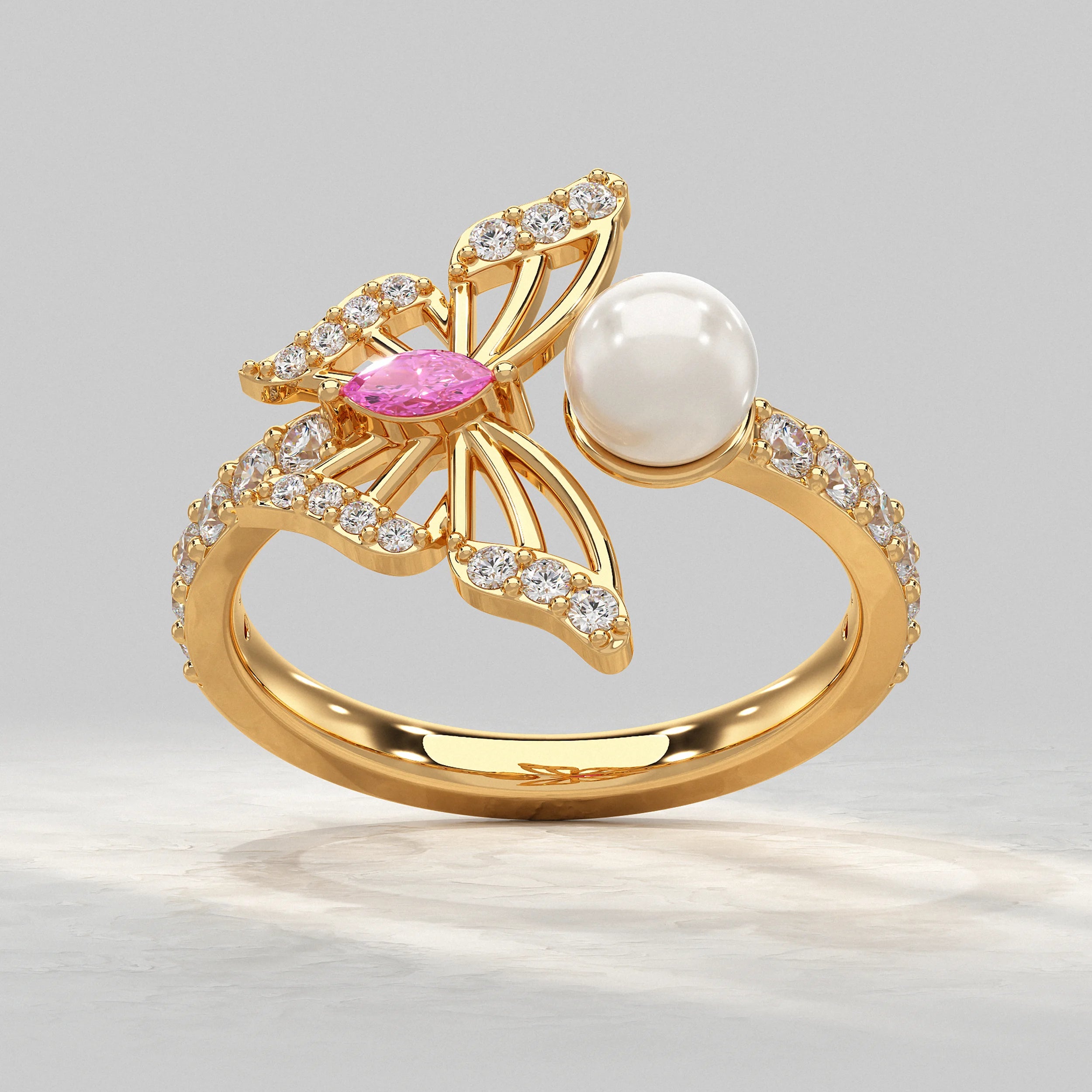 Pearl Butterfly Open Cuff Ring Rings