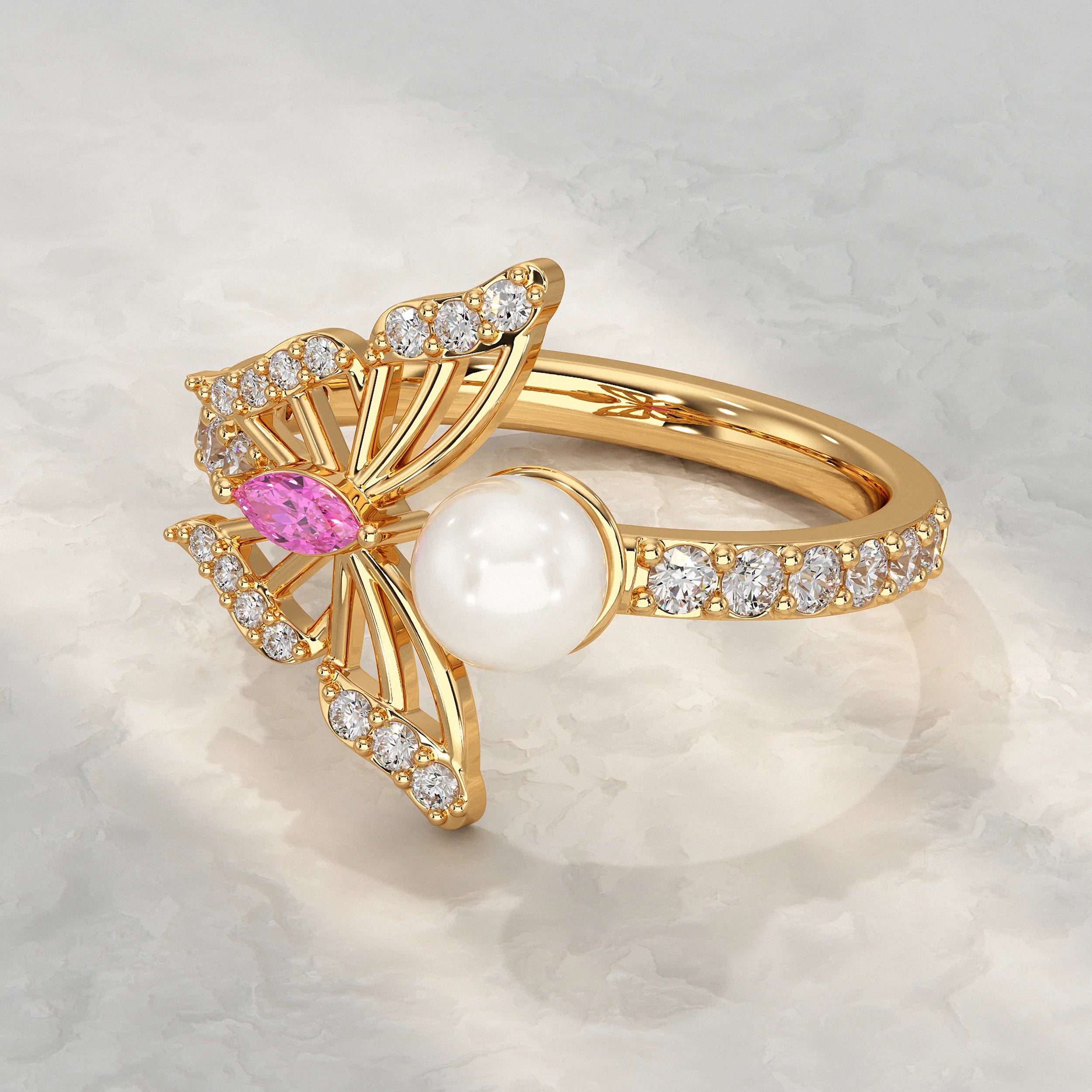 Pearl Butterfly Open Cuff Ring Rings
