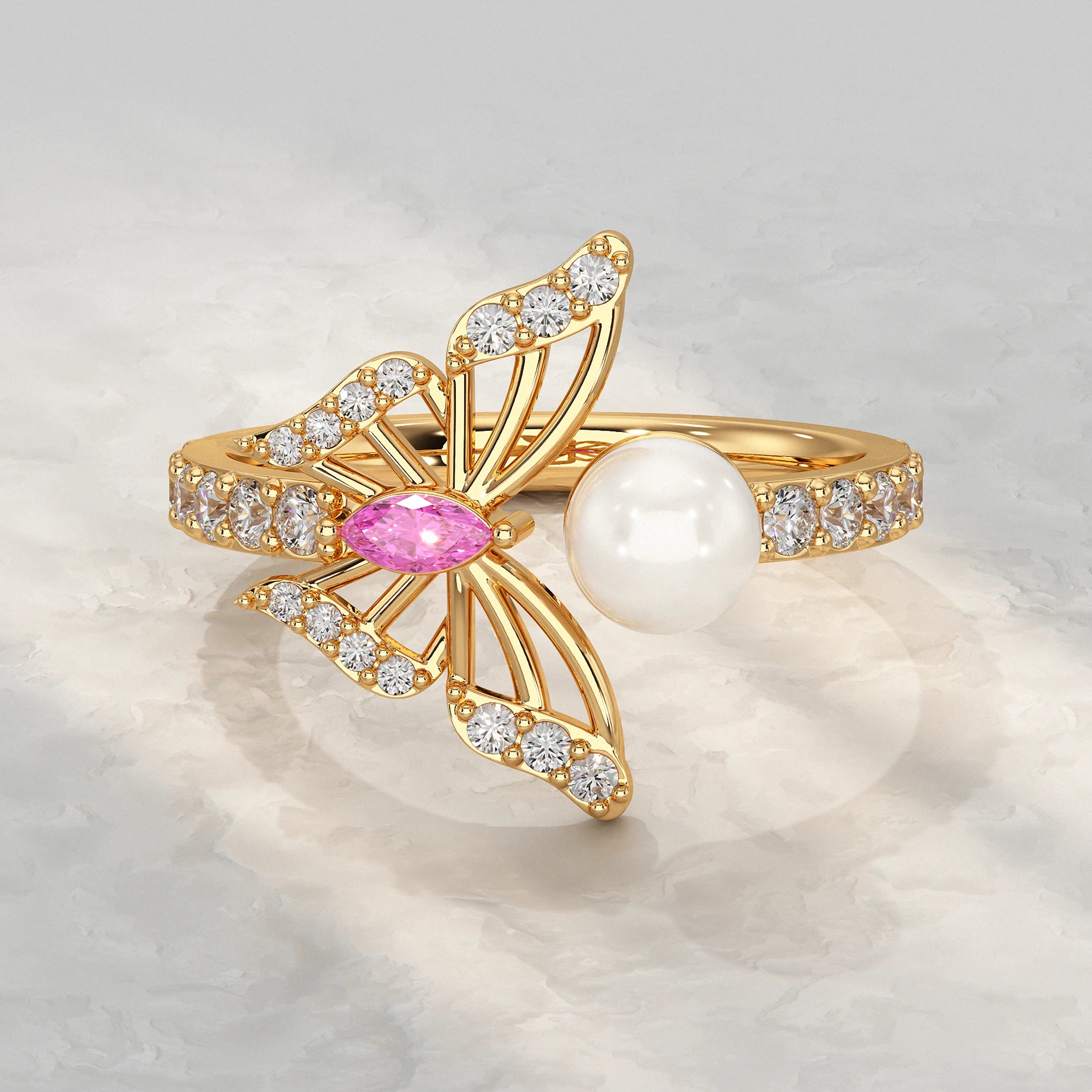 Pearl Butterfly Open Cuff Ring Rings