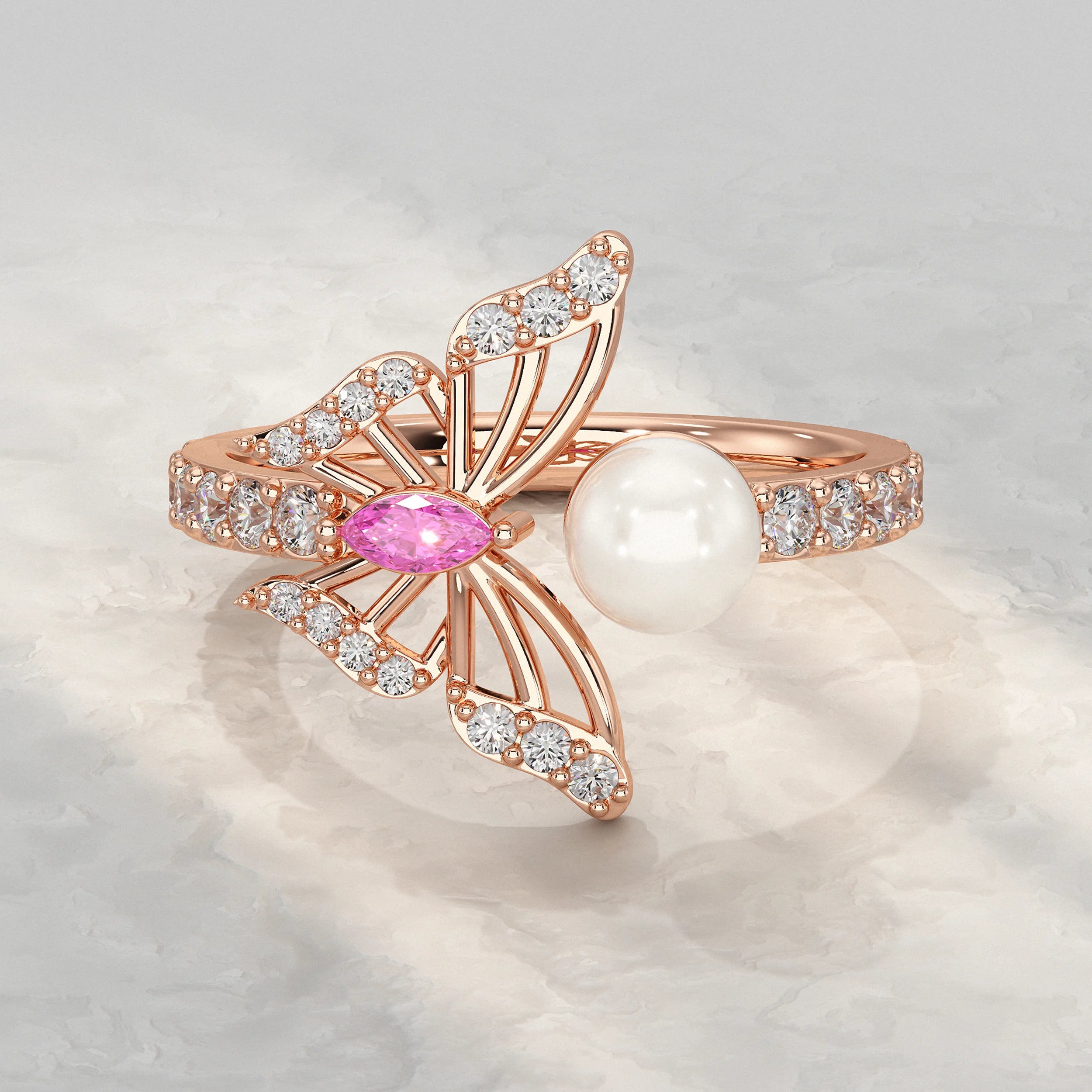 Pearl Butterfly Open Cuff Ring Rings