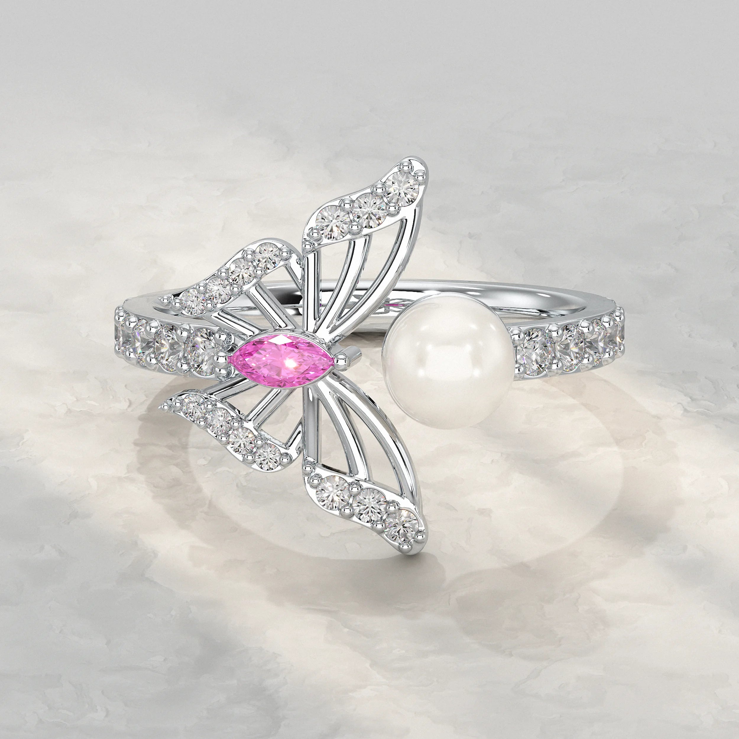 Pearl Butterfly Open Cuff Ring Rings