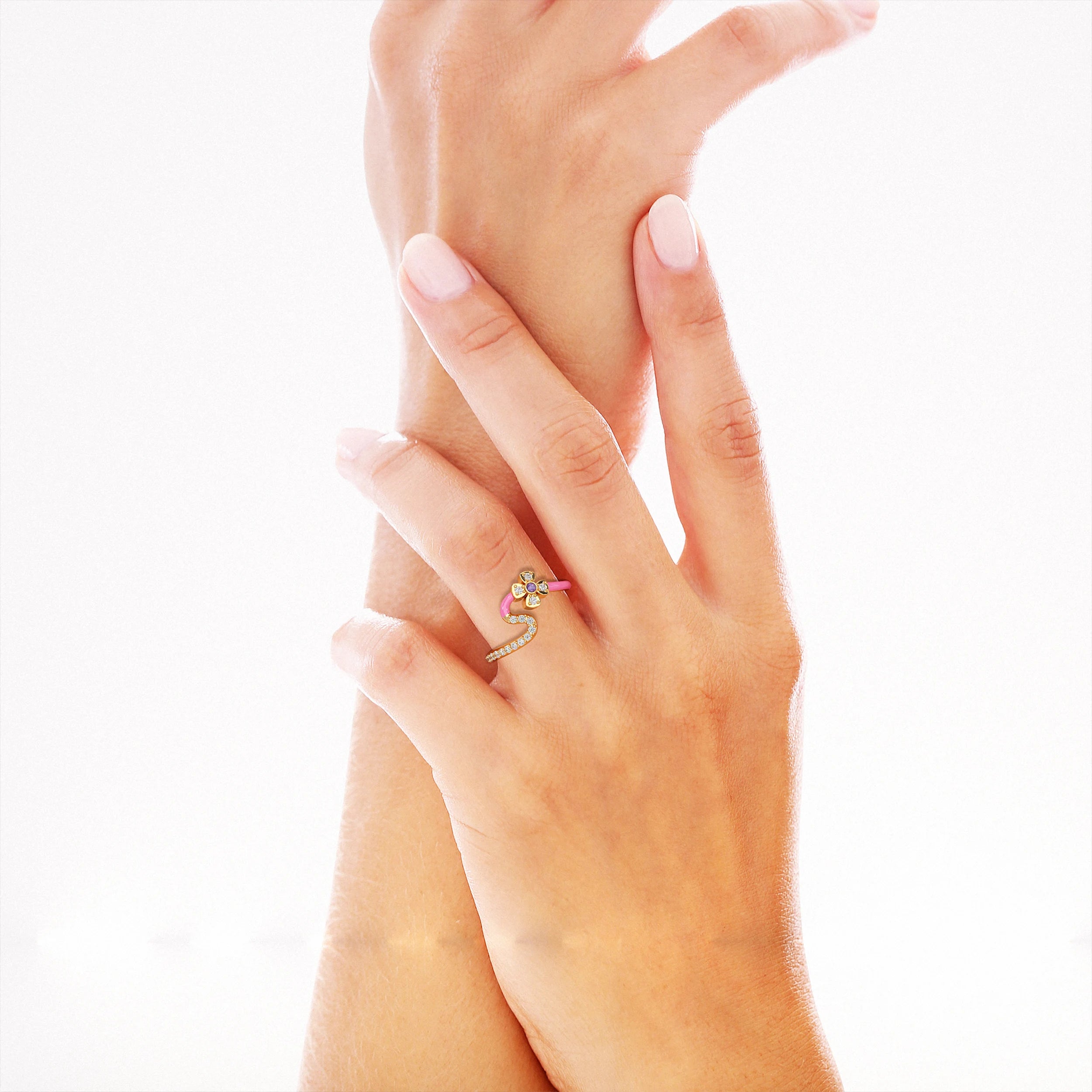 Pink Enamel Lab Diamond Floral Ring Rings