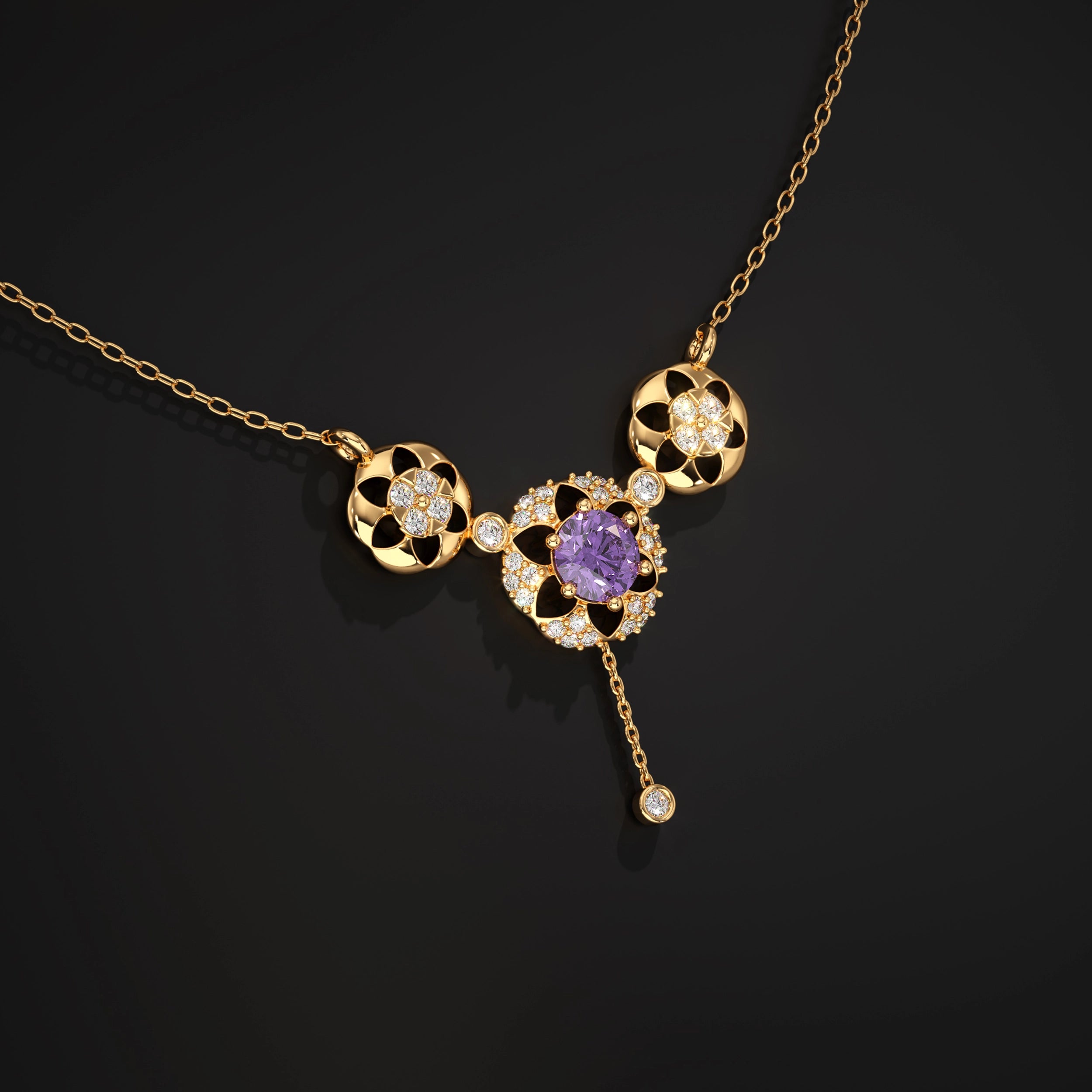 Round Diamond Flower Shape Drop Chain Pendant Pendant