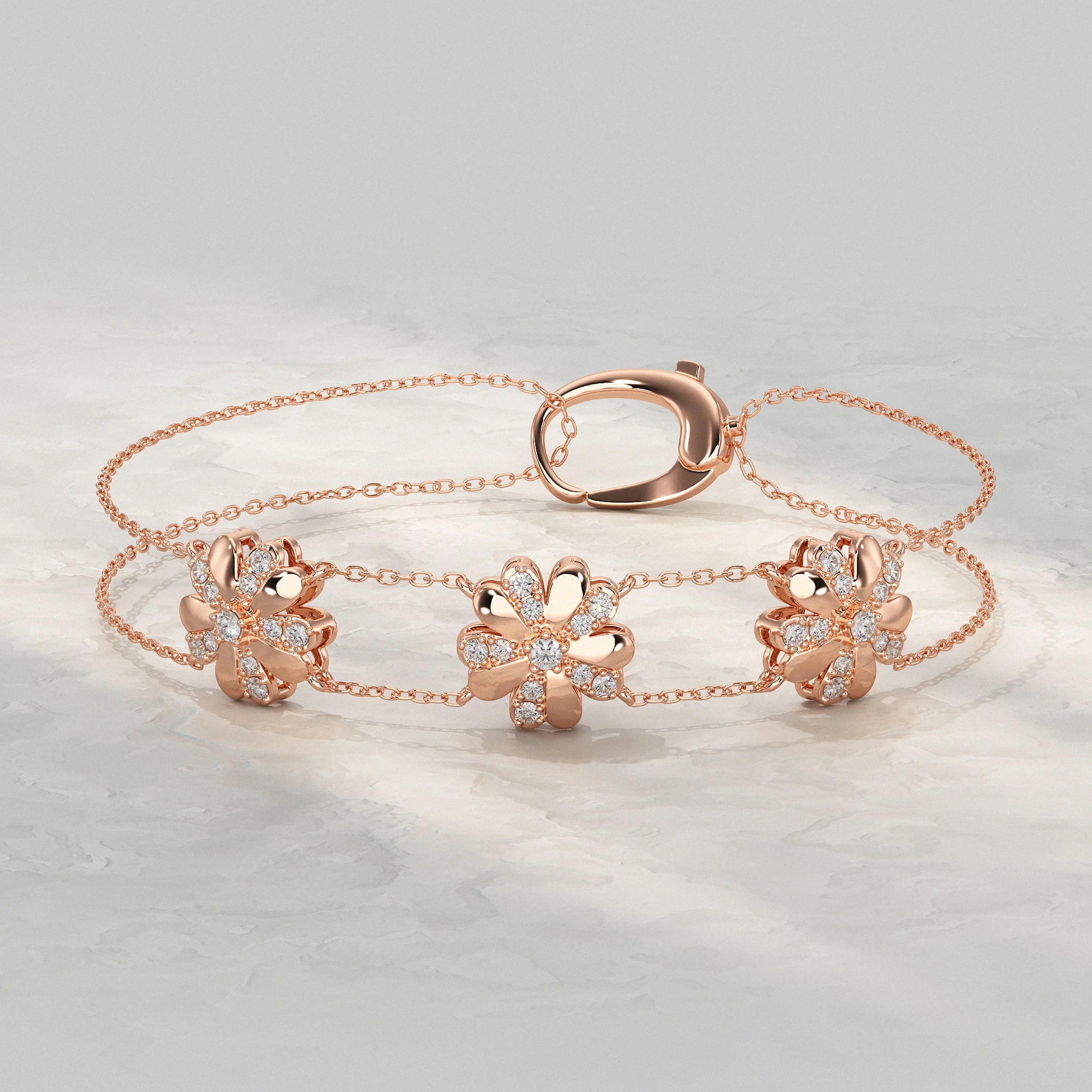Diamond Triple Floral Double Chain Bracelet Bracelet