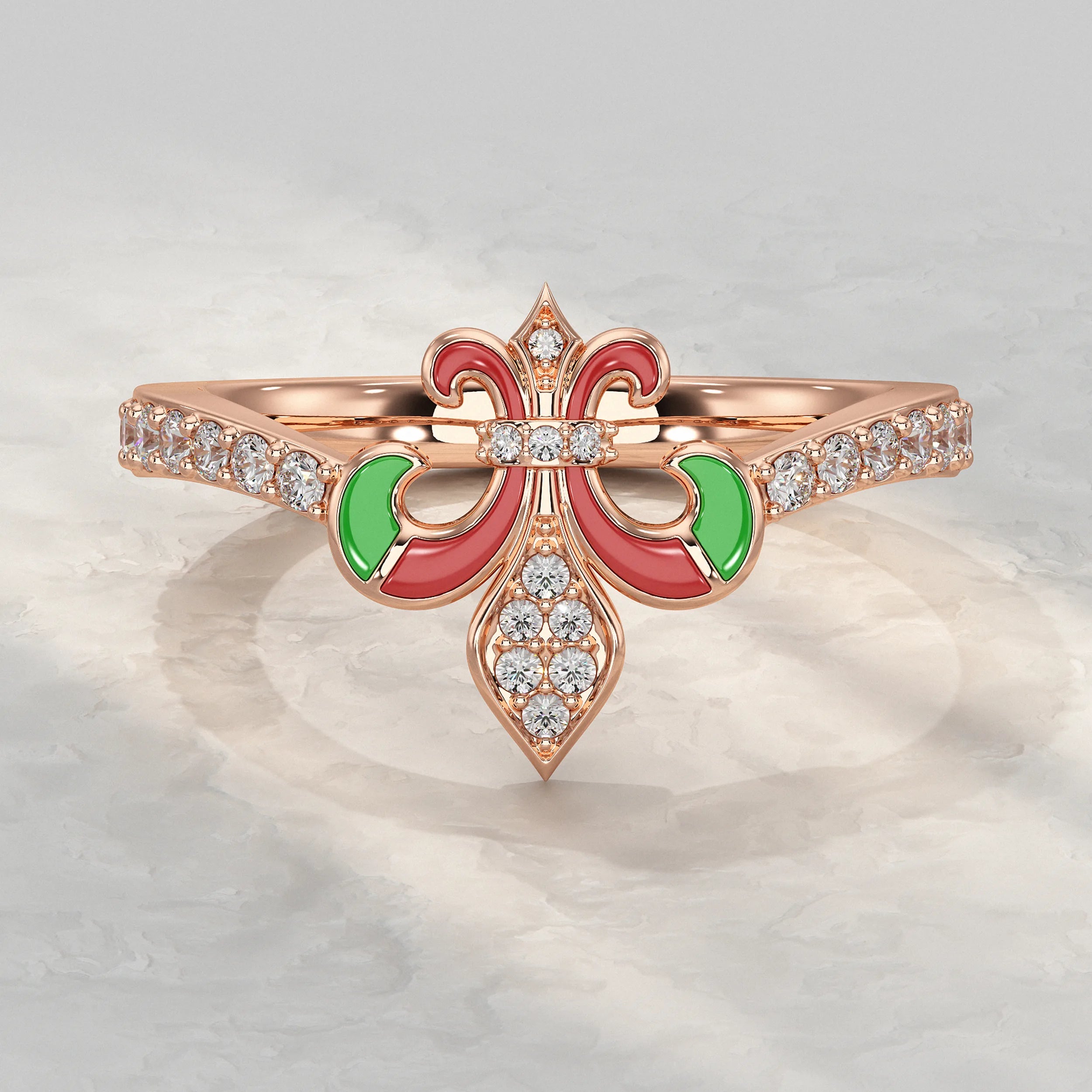 Lab Diamond Red & Green Enamel Fleur-de-Lis Ring Rings